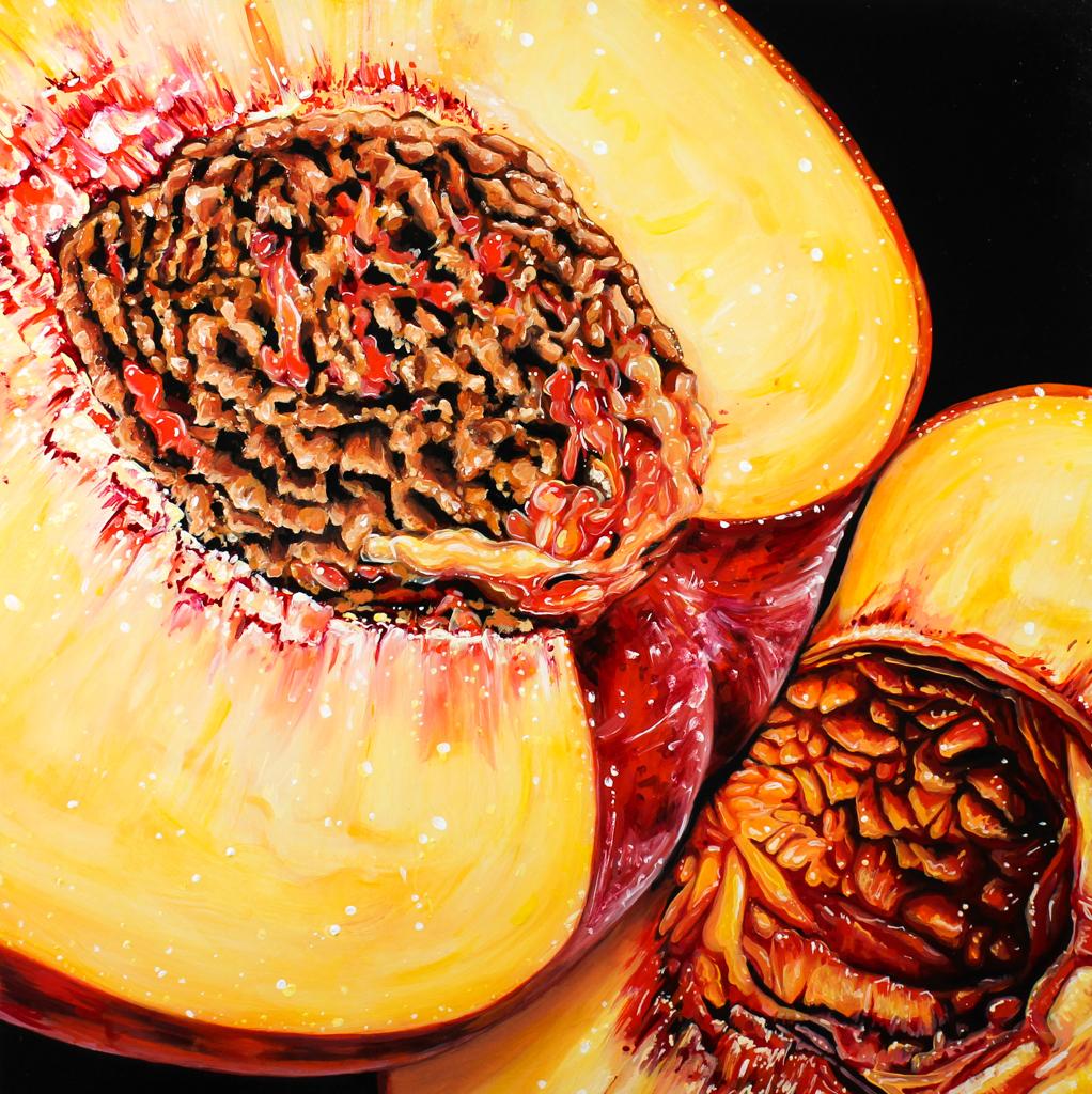 Still-Life Painting de Angela Faustina - Melocotón XI-Naturaleza muerta original hiperrealismo pintura al óleo-obra de arte-arte contemporáneo
