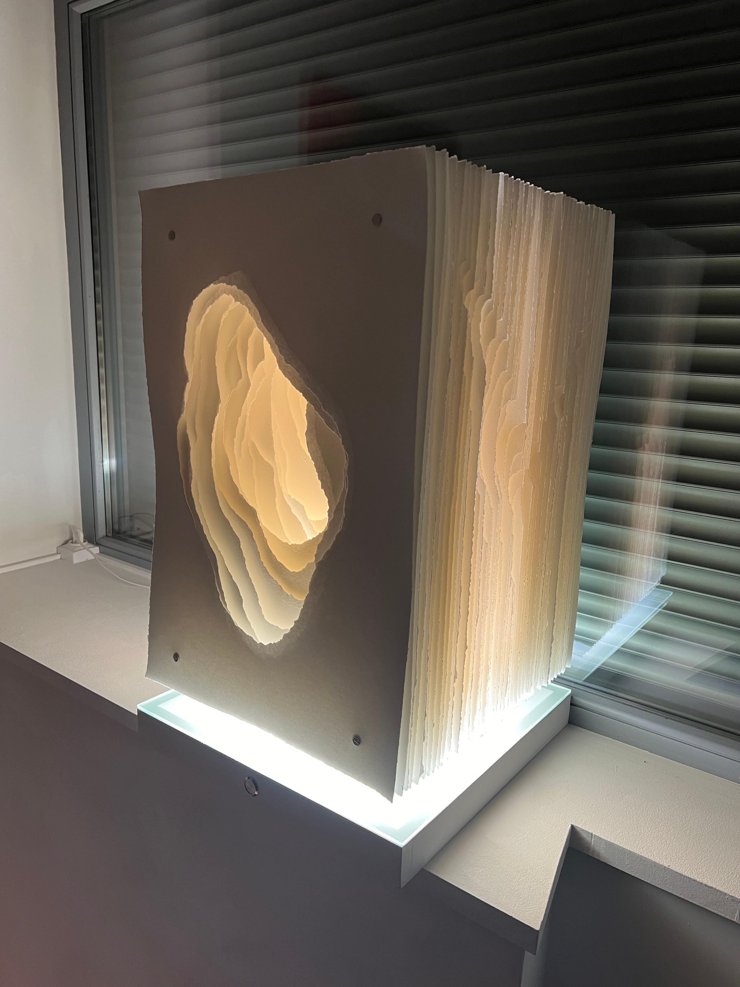 One of a kind volume/sculpture, made of art paper, torned and mounted in several layers, evoking crater or cortex. Three dimensional, unique with a strong identity, it is signed and dated on last sheet of paper.
It is shipped already mounted with