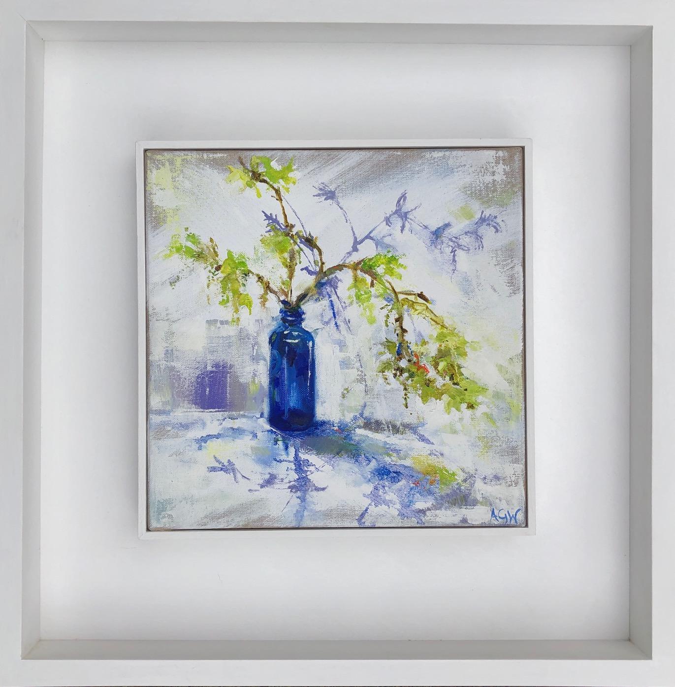 Beautiful Pear and Blue Bottle and Spring Green diptych - Painting by Angela Gordon-Webb