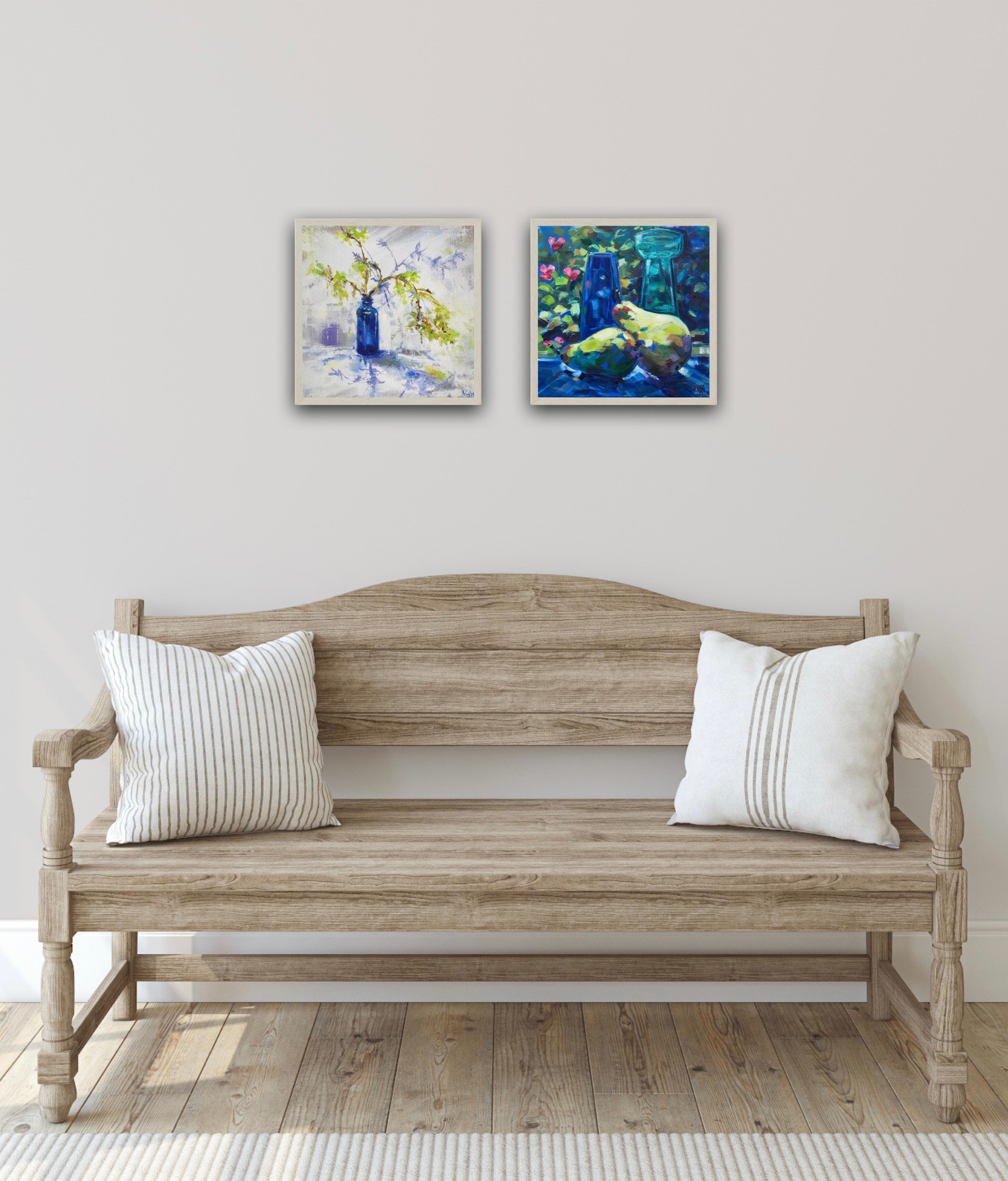 Beautiful Pear and Blue Bottle and Spring Green diptych - Impressionist Painting by Angela Gordon-Webb