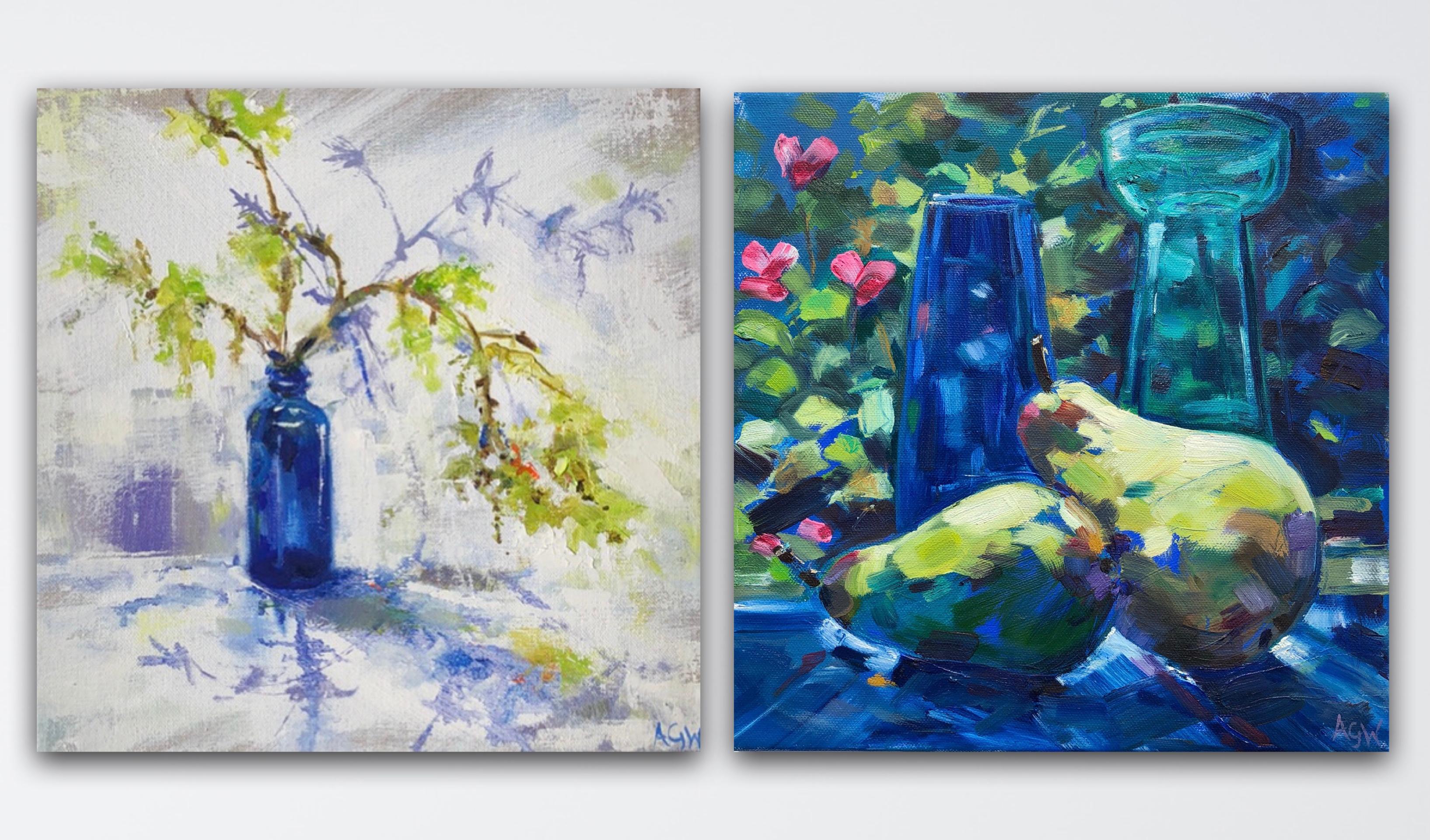 Angela Gordon-Webb Still-Life Painting - Beautiful Pear and Blue Bottle and Spring Green diptych