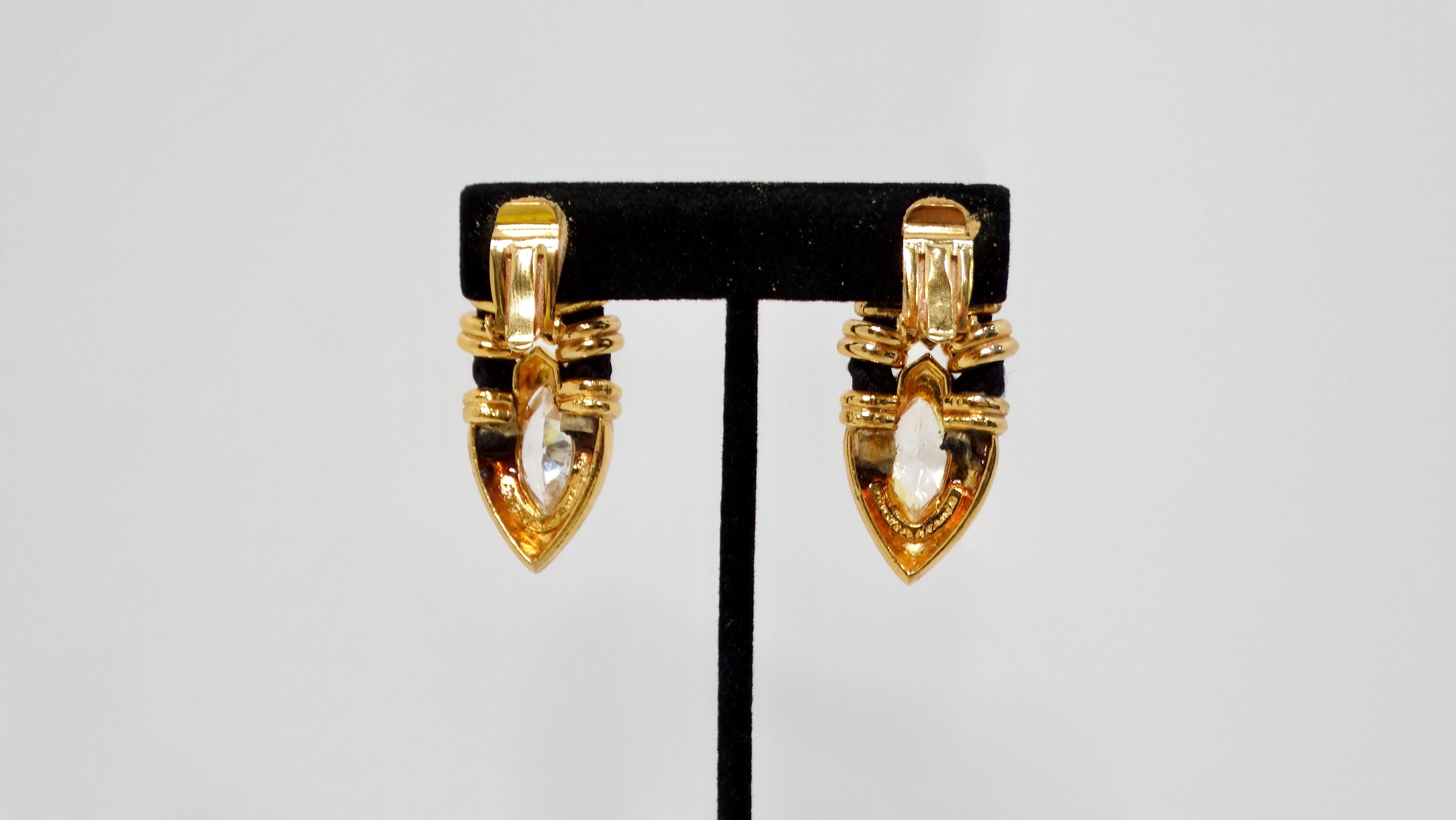 Angela Kramer Vintage 18k Gold Plated Rhinestone & Black Rope Clip-On Earrings In Good Condition For Sale In Scottsdale, AZ
