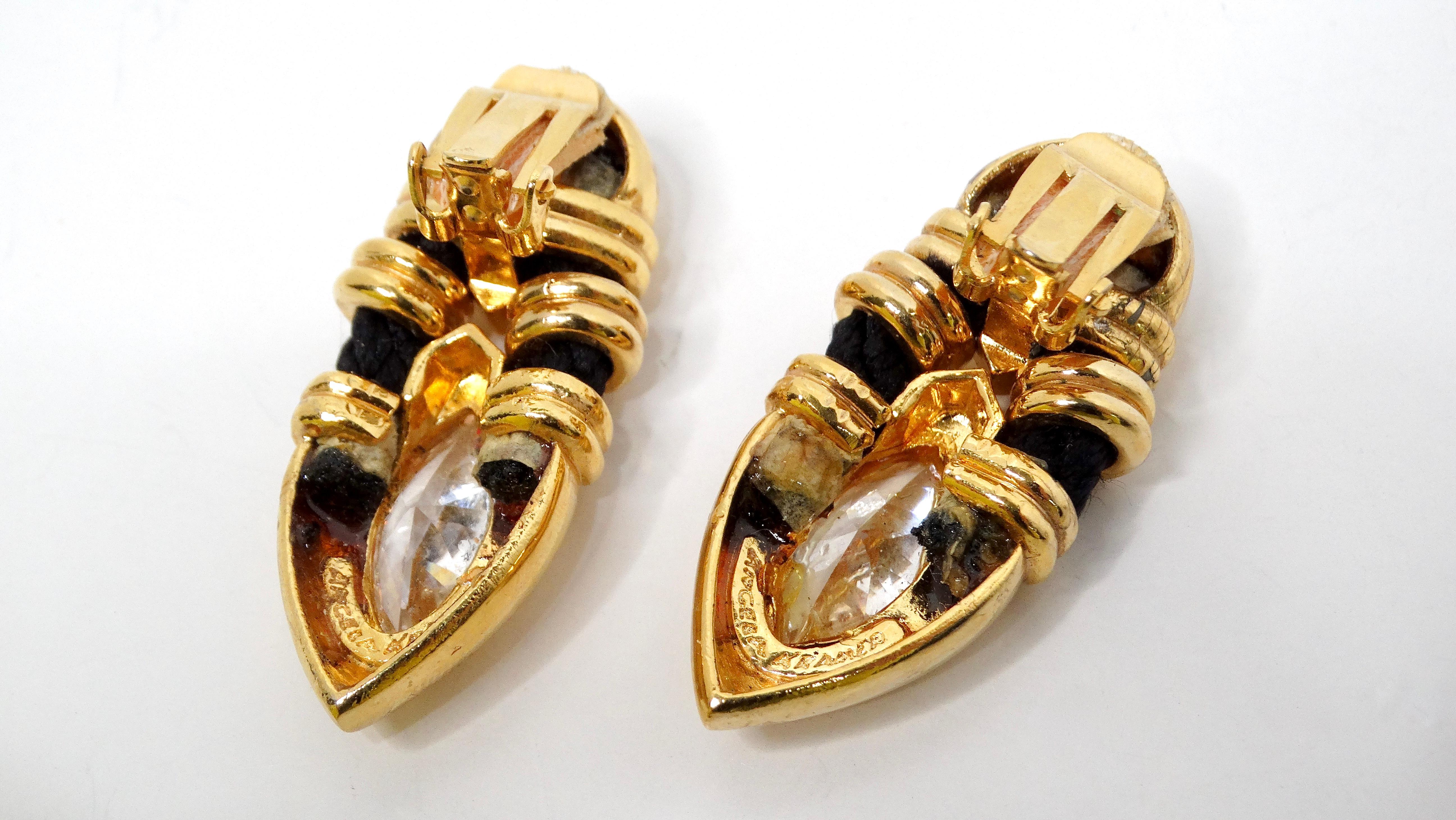 Women's Angela Kramer Vintage 18k Gold Plated Rhinestone & Black Rope Clip-On Earrings For Sale