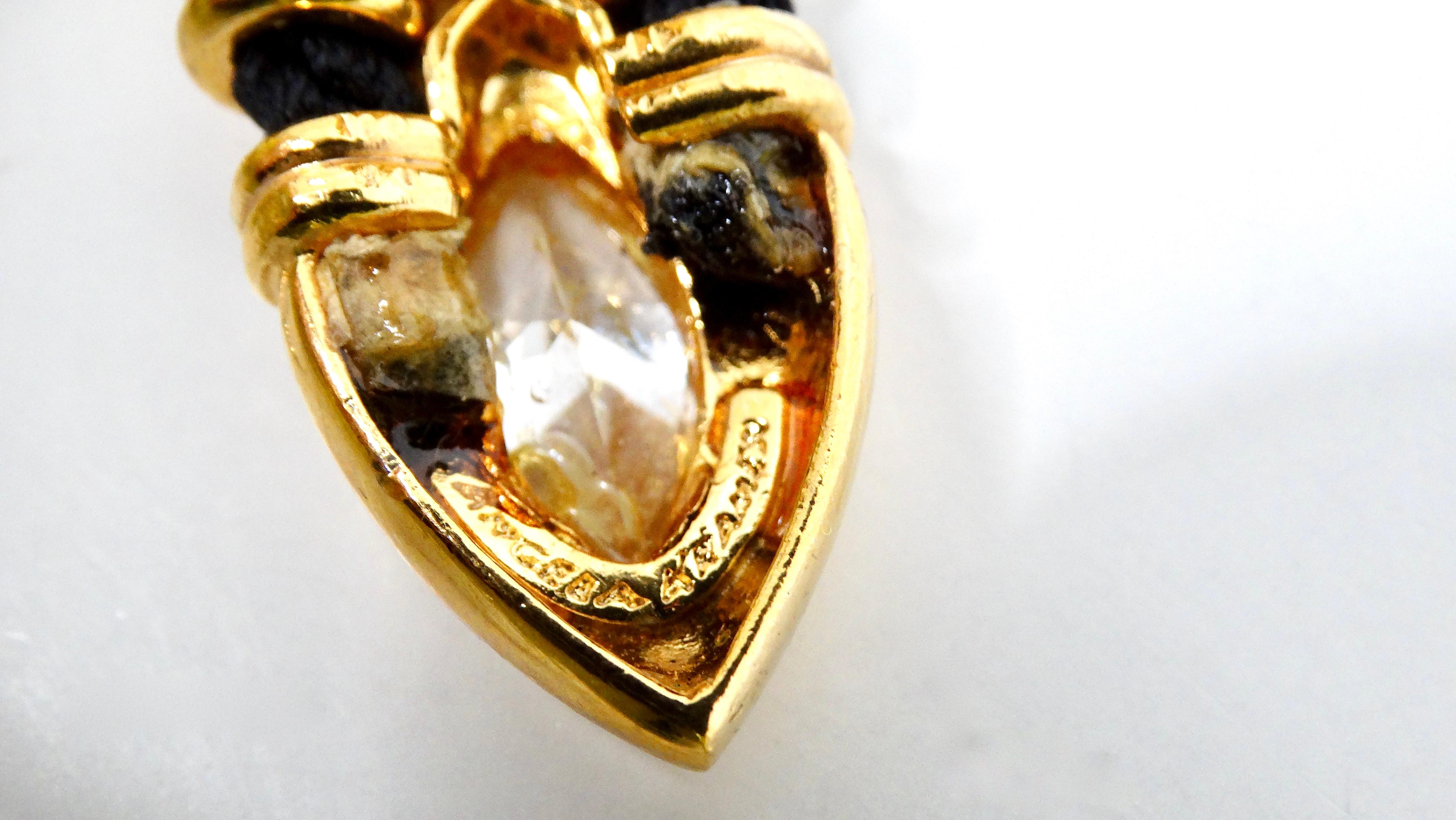 Angela Kramer Vintage 18k Gold Plated Rhinestone & Black Rope Clip-On Earrings For Sale 1