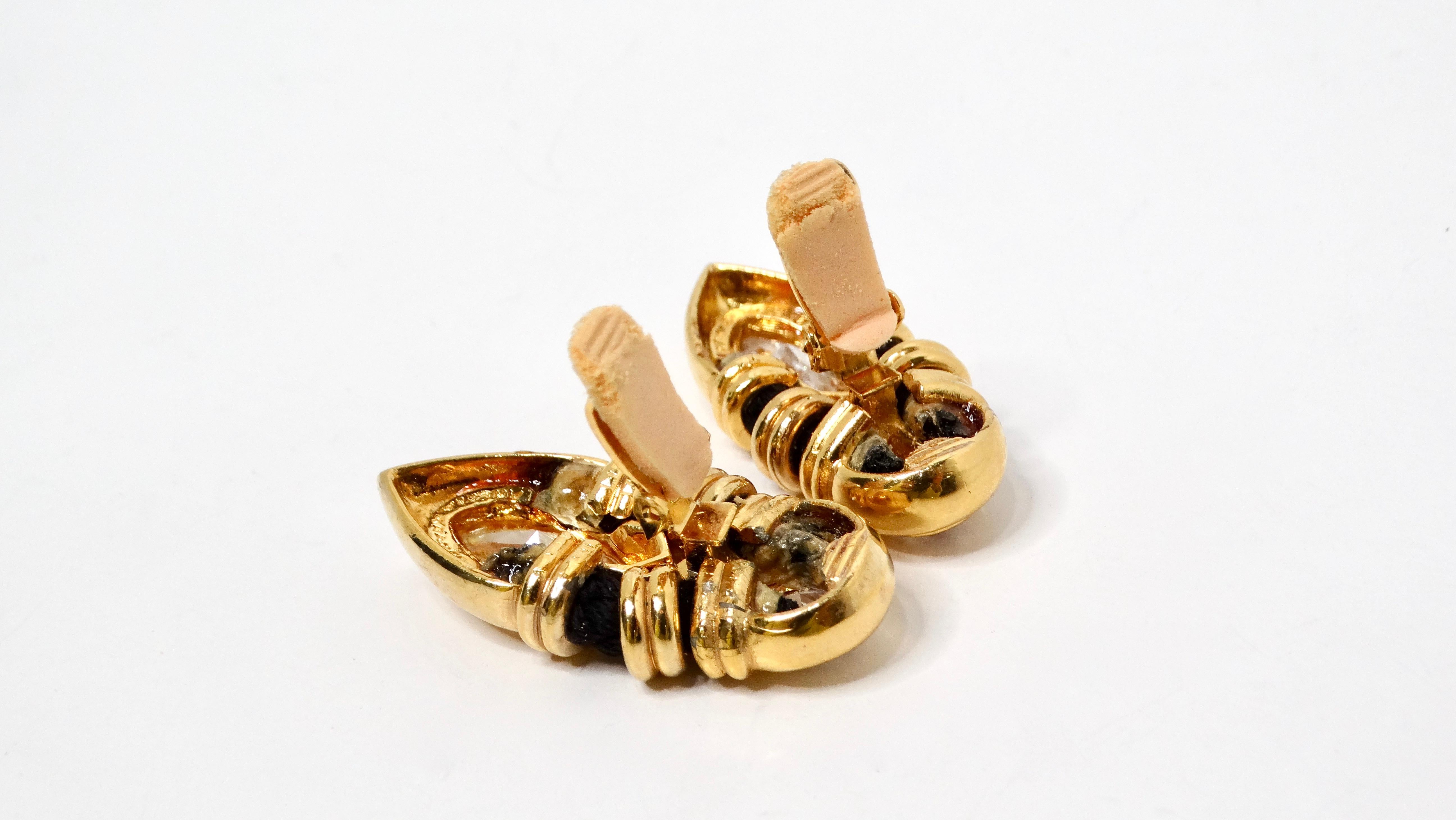 Angela Kramer Vintage 18k Gold Plated Rhinestone & Black Rope Clip-On Earrings For Sale 2