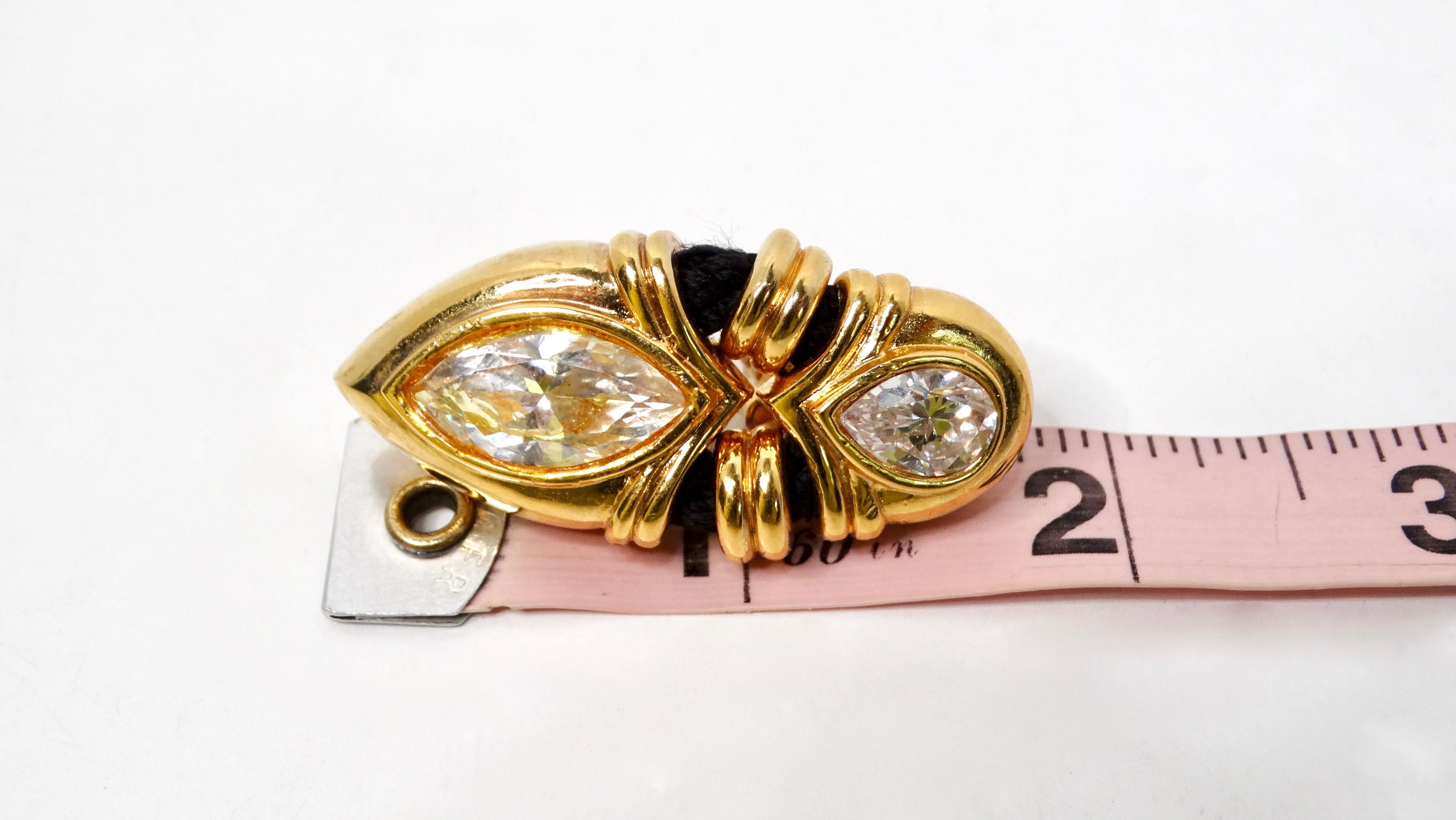 Angela Kramer Vintage 18k Gold Plated Rhinestone & Black Rope Clip-On Earrings For Sale 3