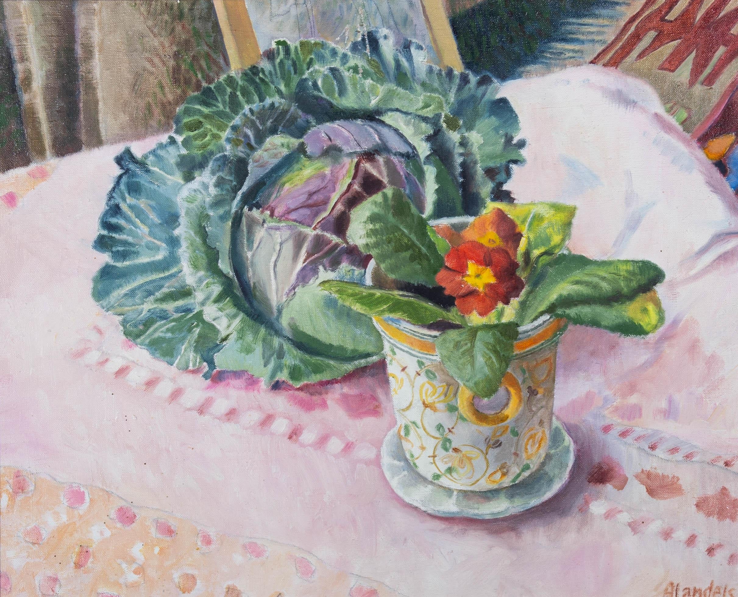 Angela Landels - 20th Century Oil, Cabbage and Polyanthus For Sale 1