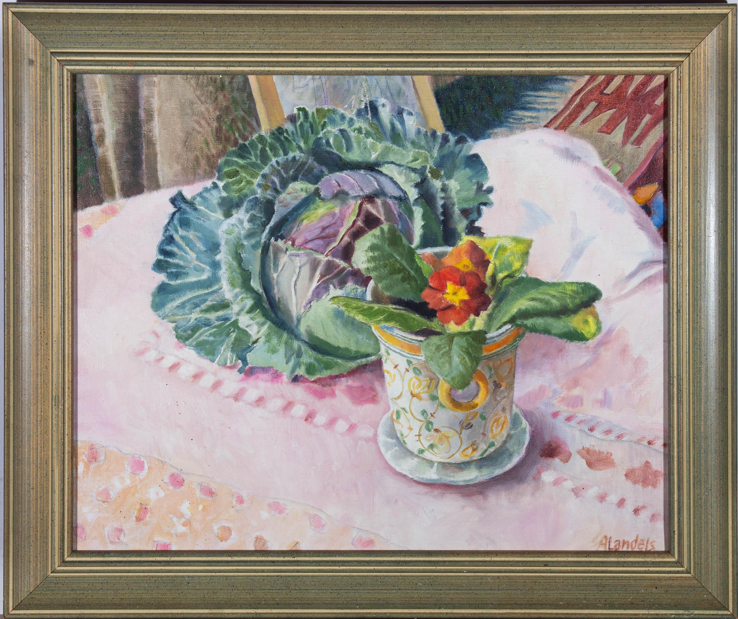 A vibrant still life oil, depicting a table with a cabbage and polyanthus flowers. Signed to the lower right-hand corner. There is a label on the reverse inscribed with the artist's name and title. Well-presented in a distressed, gilt-effect and