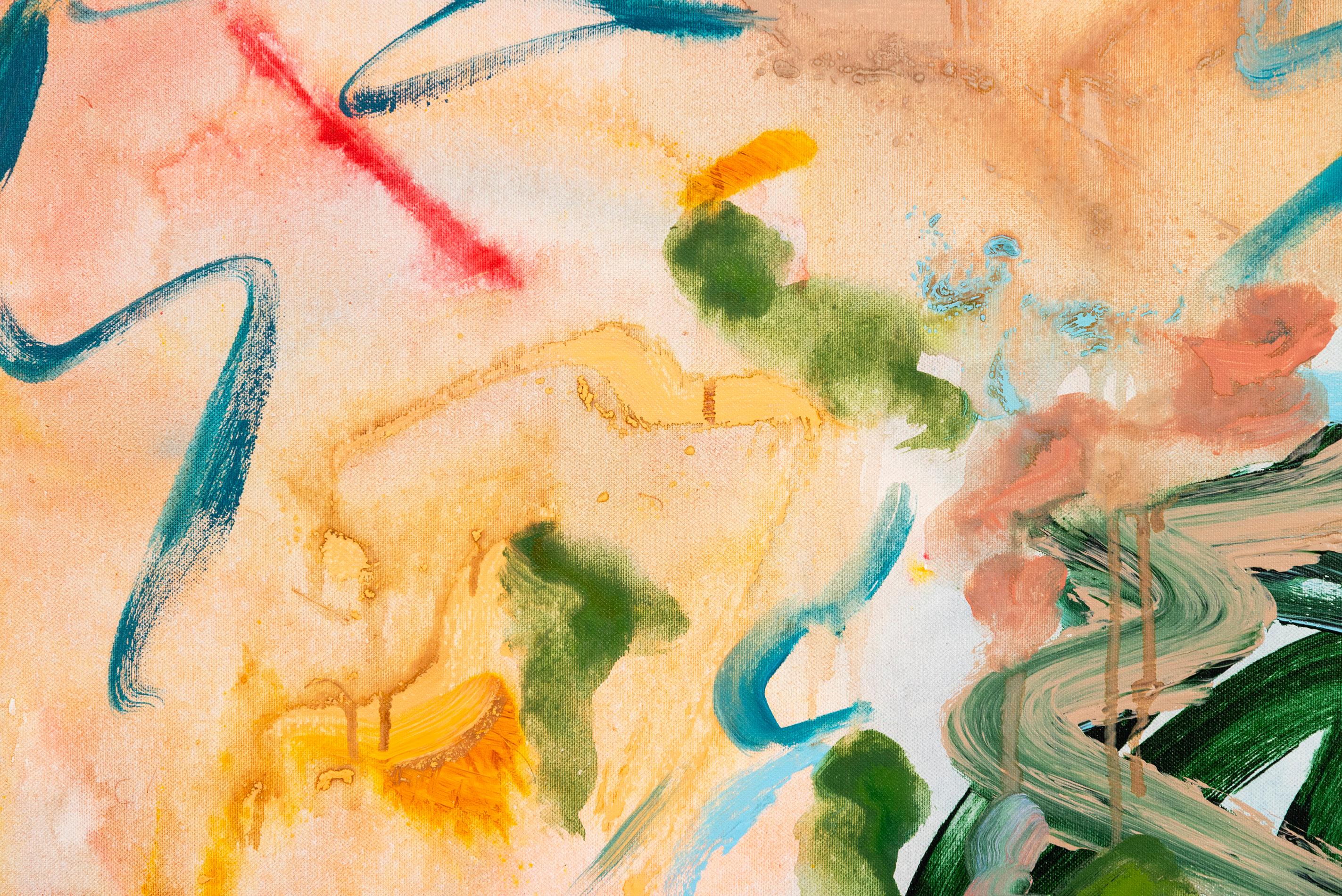 Dans cette peinture abstraite de l'artiste visuel Richard Tosczak, des vagues de couleurs bleues, orange et vertes sont exprimées par des coups de pinceau gestuels. En collaboration avec une artiste italienne 