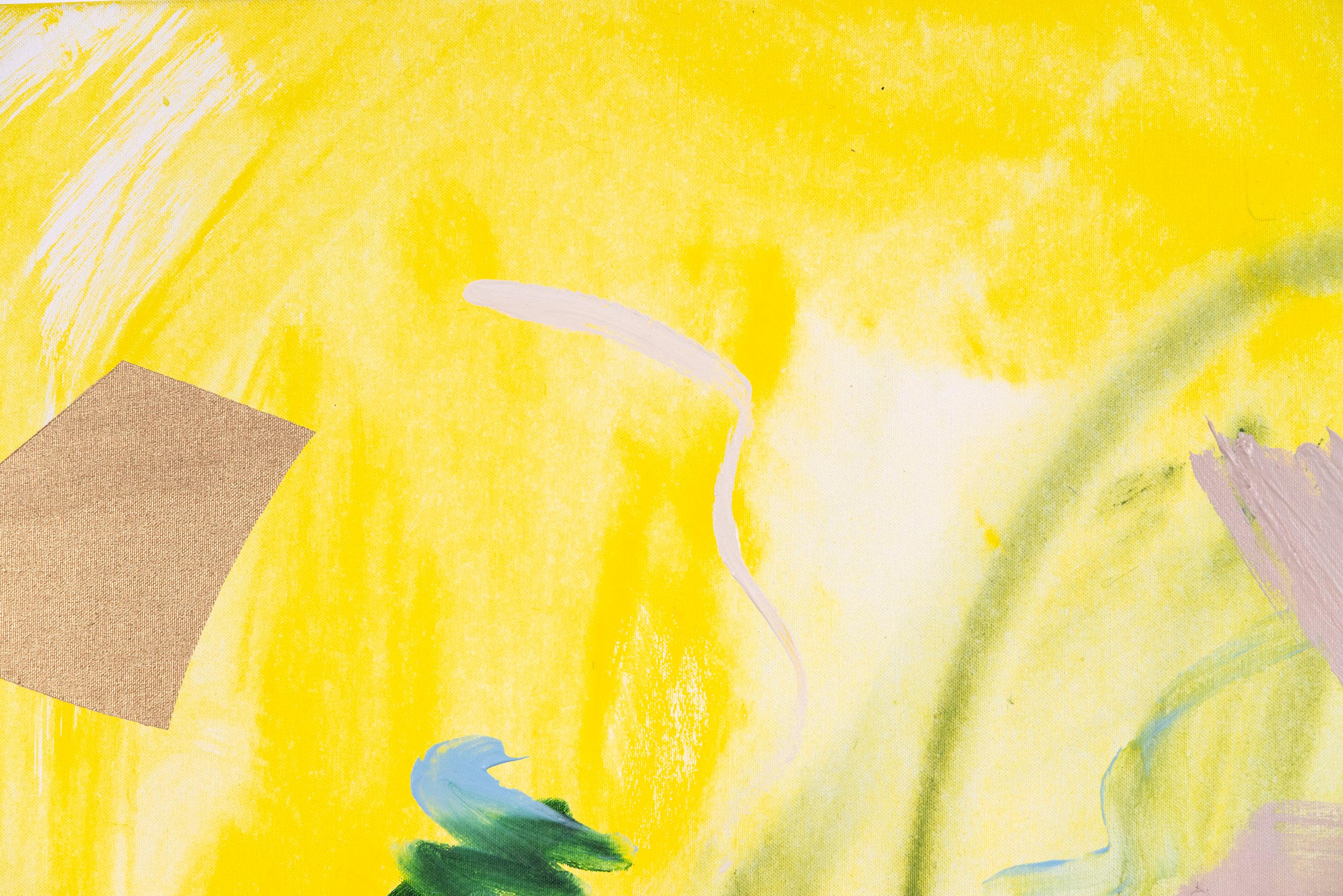 The Dancing Satyr - bright, colorful, gestural, abstract, acrylic on canvas - Yellow Abstract Painting by Angela Letizia Renzi & Richard Tosczak