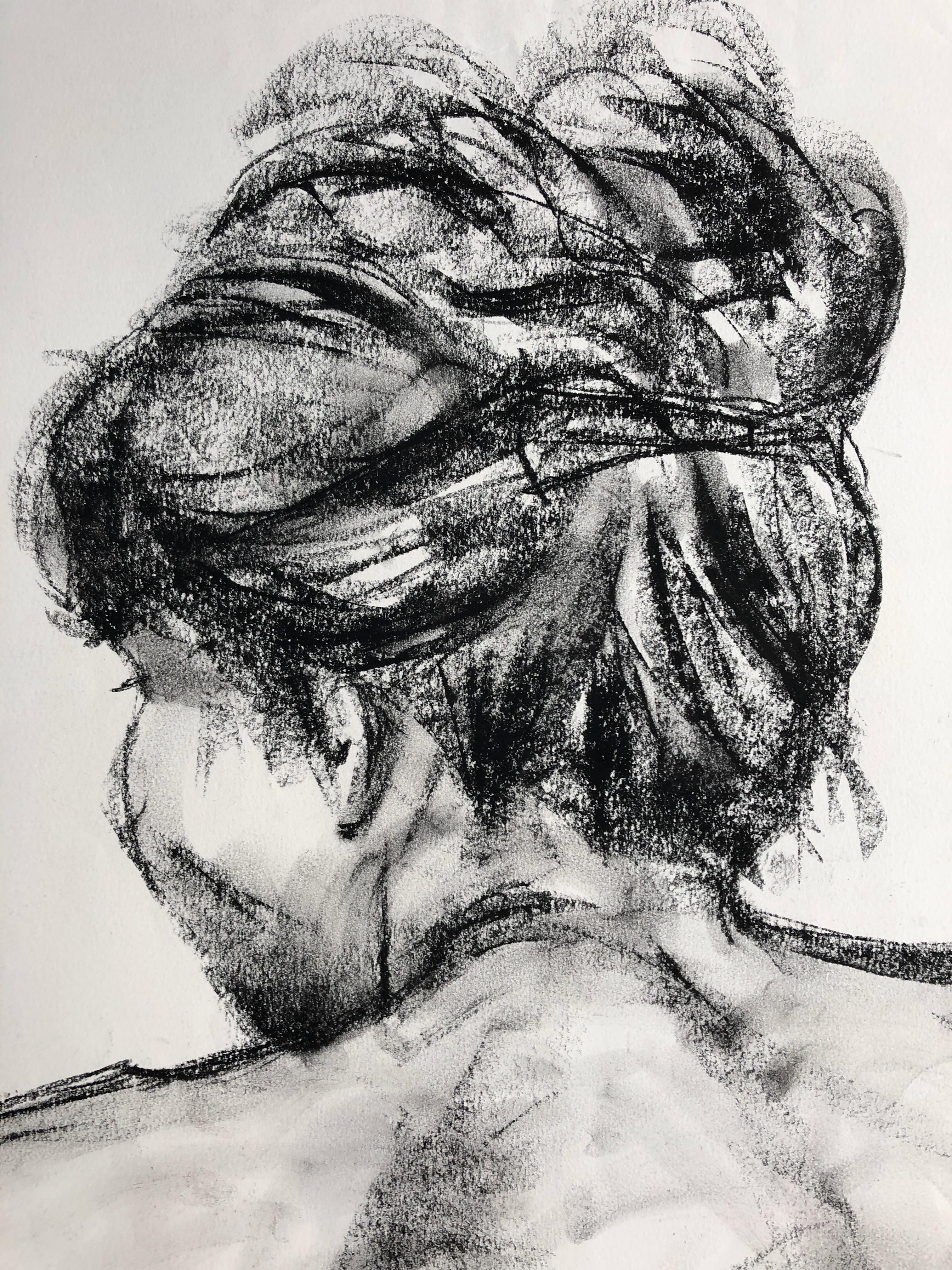 Christine With Her Hair Up. charcoal on paper - Contemporary Art by Angela Lyle