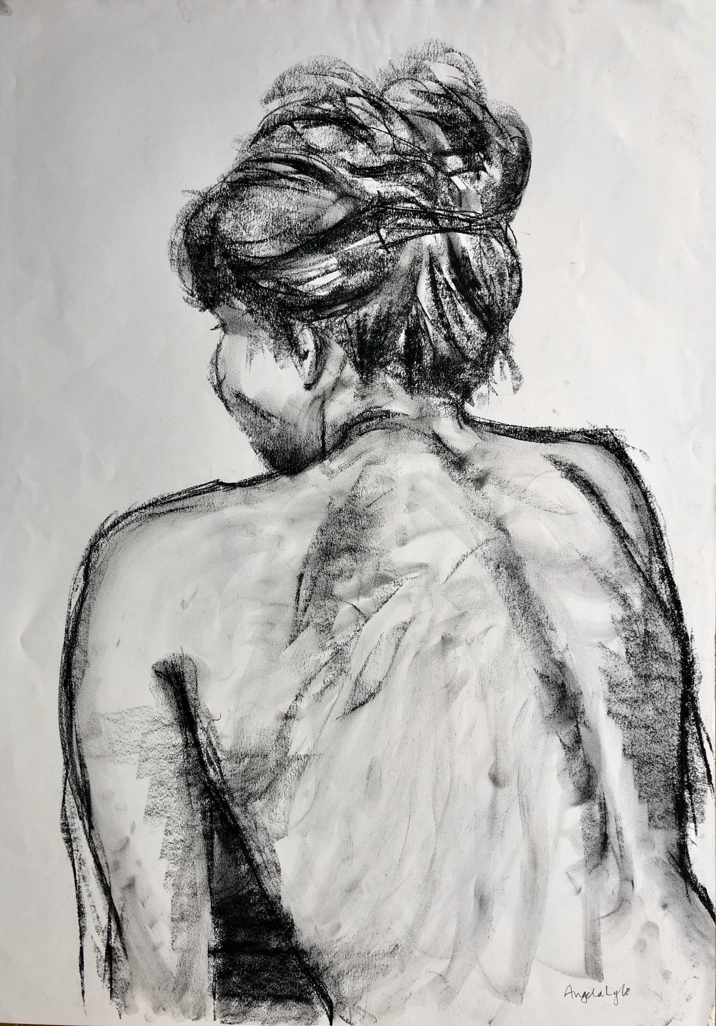 Angela Lyle Nude Painting – Christine With Her Hair Up. an Kohle auf Papier