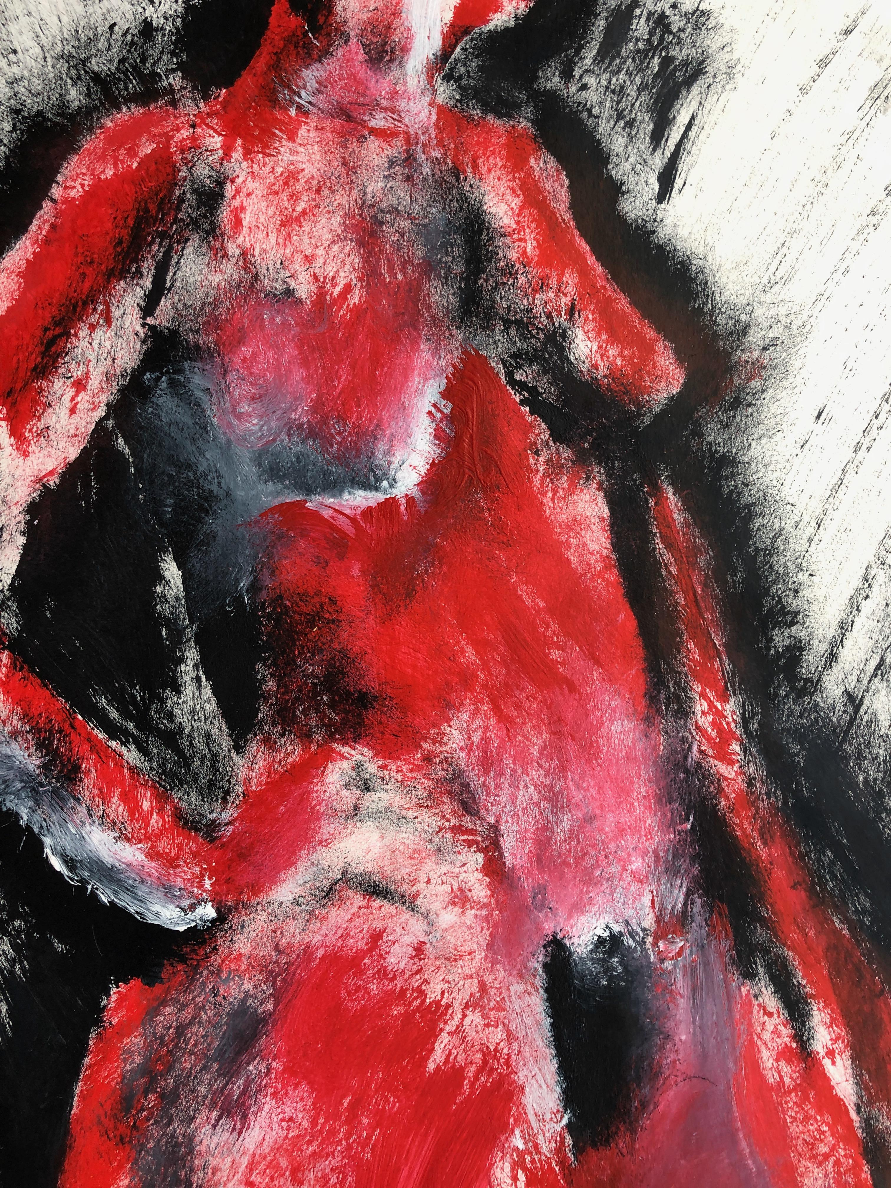 Lady In Rote. Zeitgenössisches Mixed Media auf Papier – Art von Angela Lyle