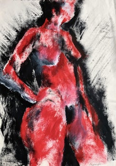 Lady In Red (La femme en rouge). Techniques mixtes contemporaines sur papier