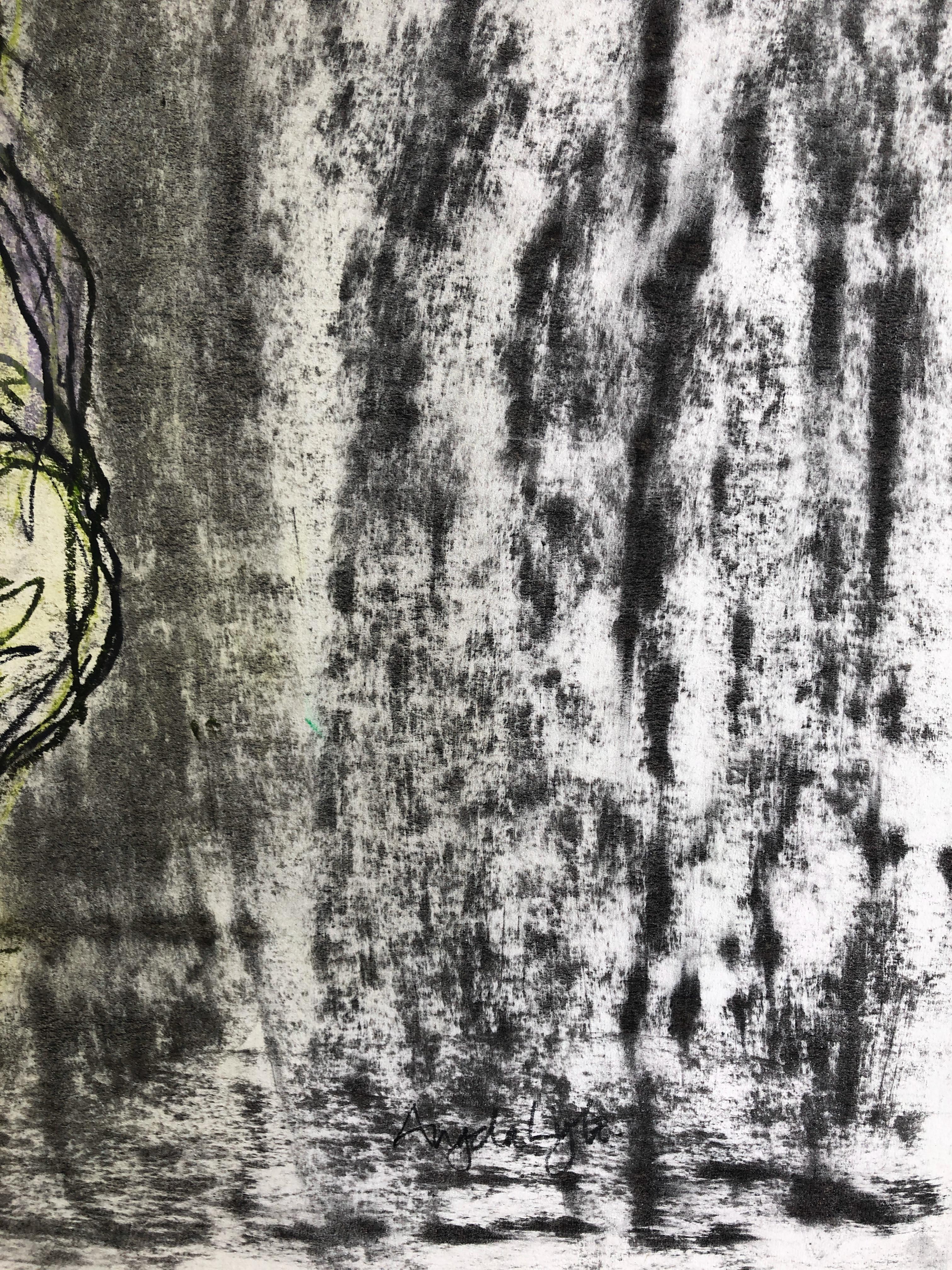 Mann im Sarong. Zeitgenössische Mixed-Media-Malerei auf Papier (Grau), Nude, von Angela Lyle