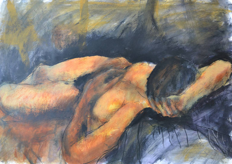 Angela Lyle Nude - Model On Back: Mixed media painting on paper