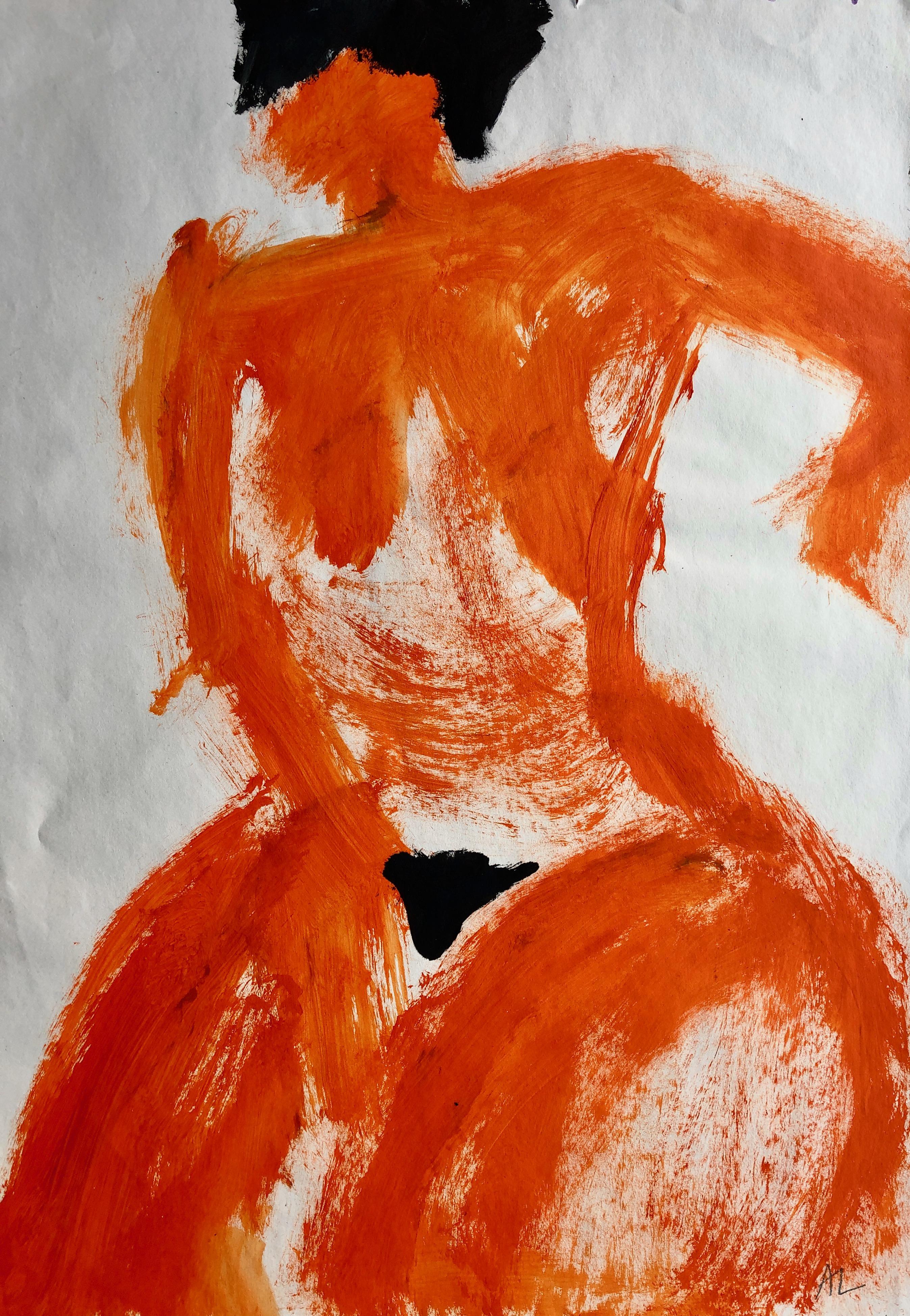 Orangefarbene Frau. Zeitgenössische Mixed-Media-Malerei auf Papier
