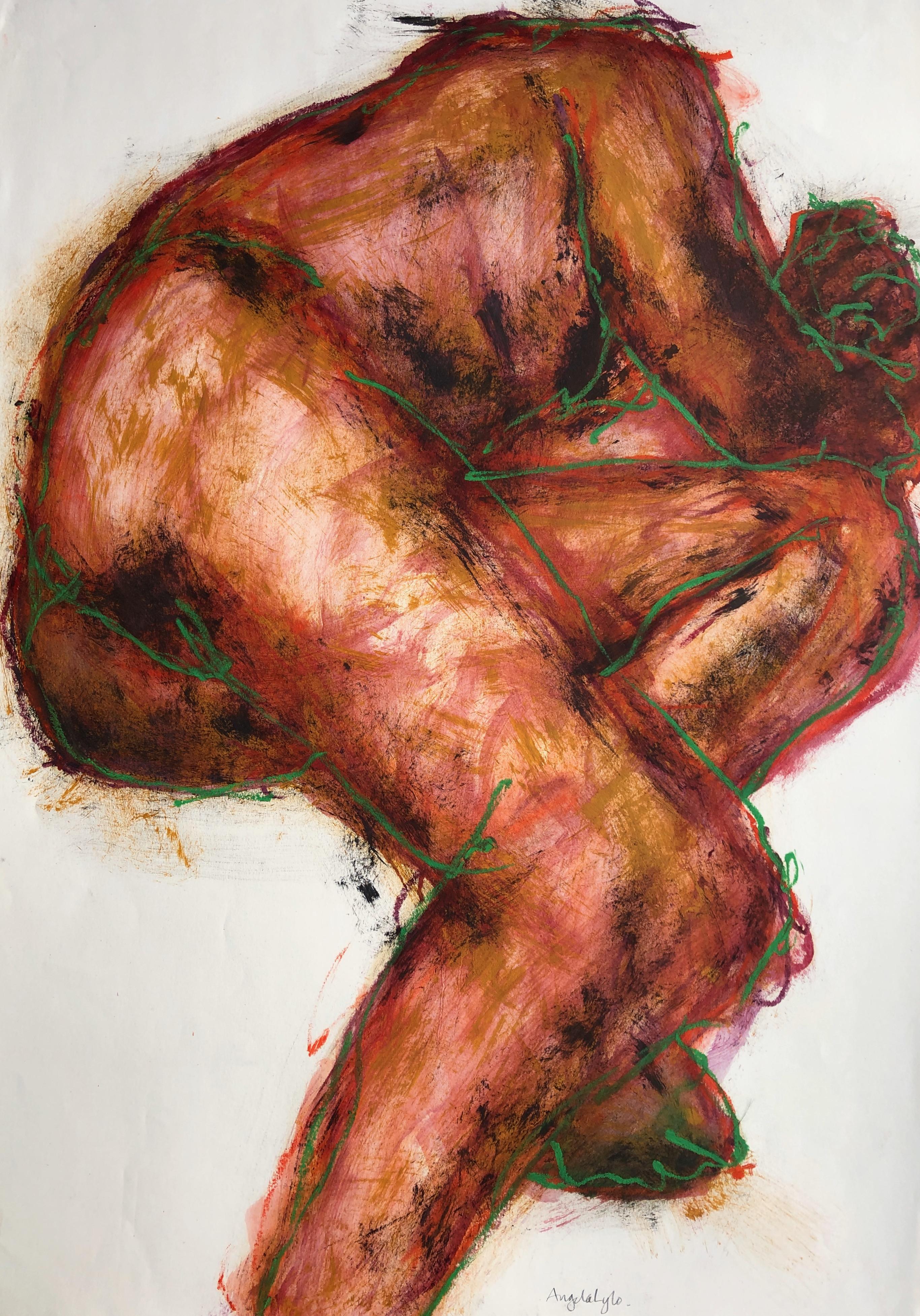 Angela Lyle Nude - Resting Man. Contemporary Mixed Media on paper