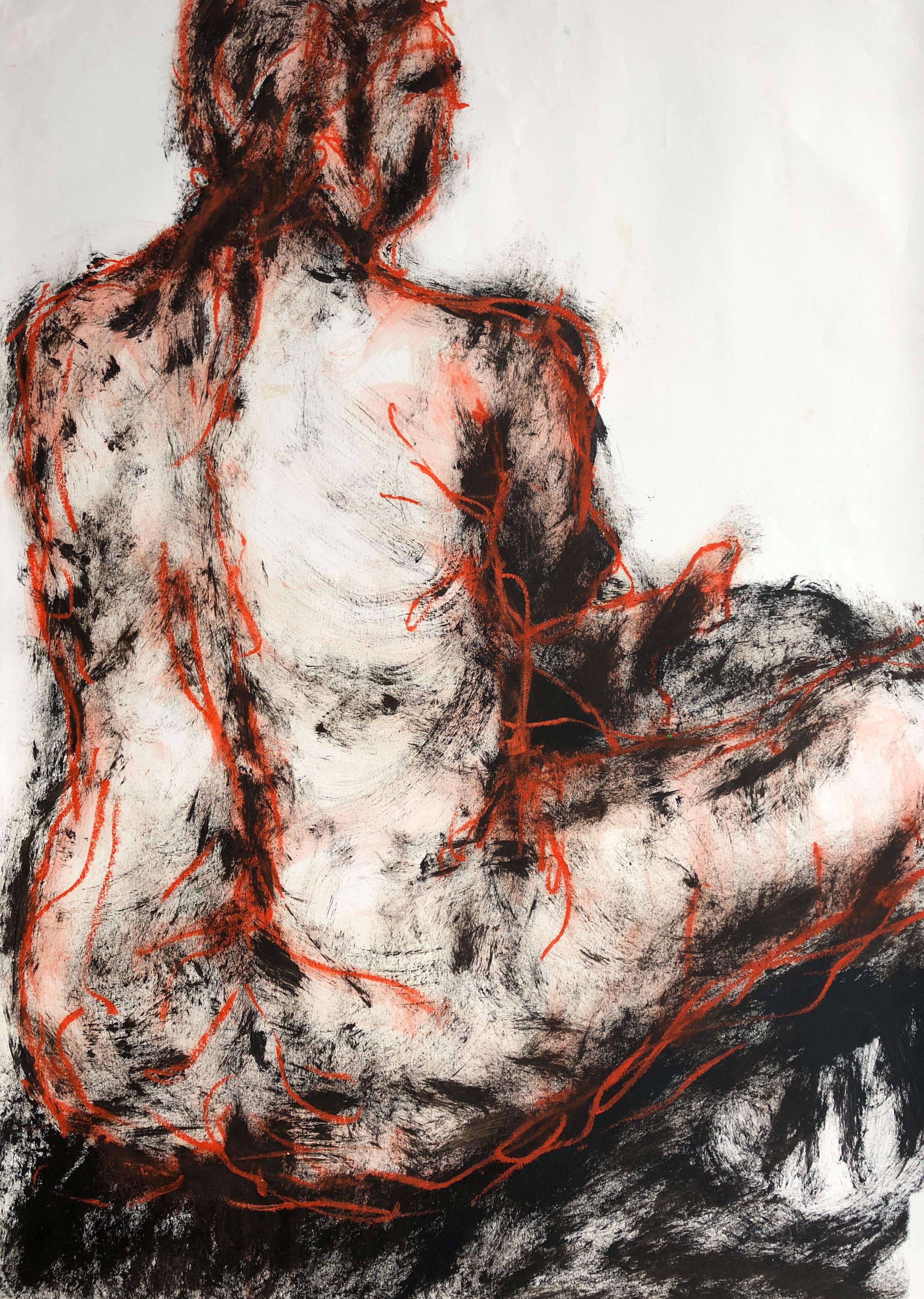 Angela Lyle Nude – Sitzender Mann. Zeitgenössisches Mixed Media auf Papier