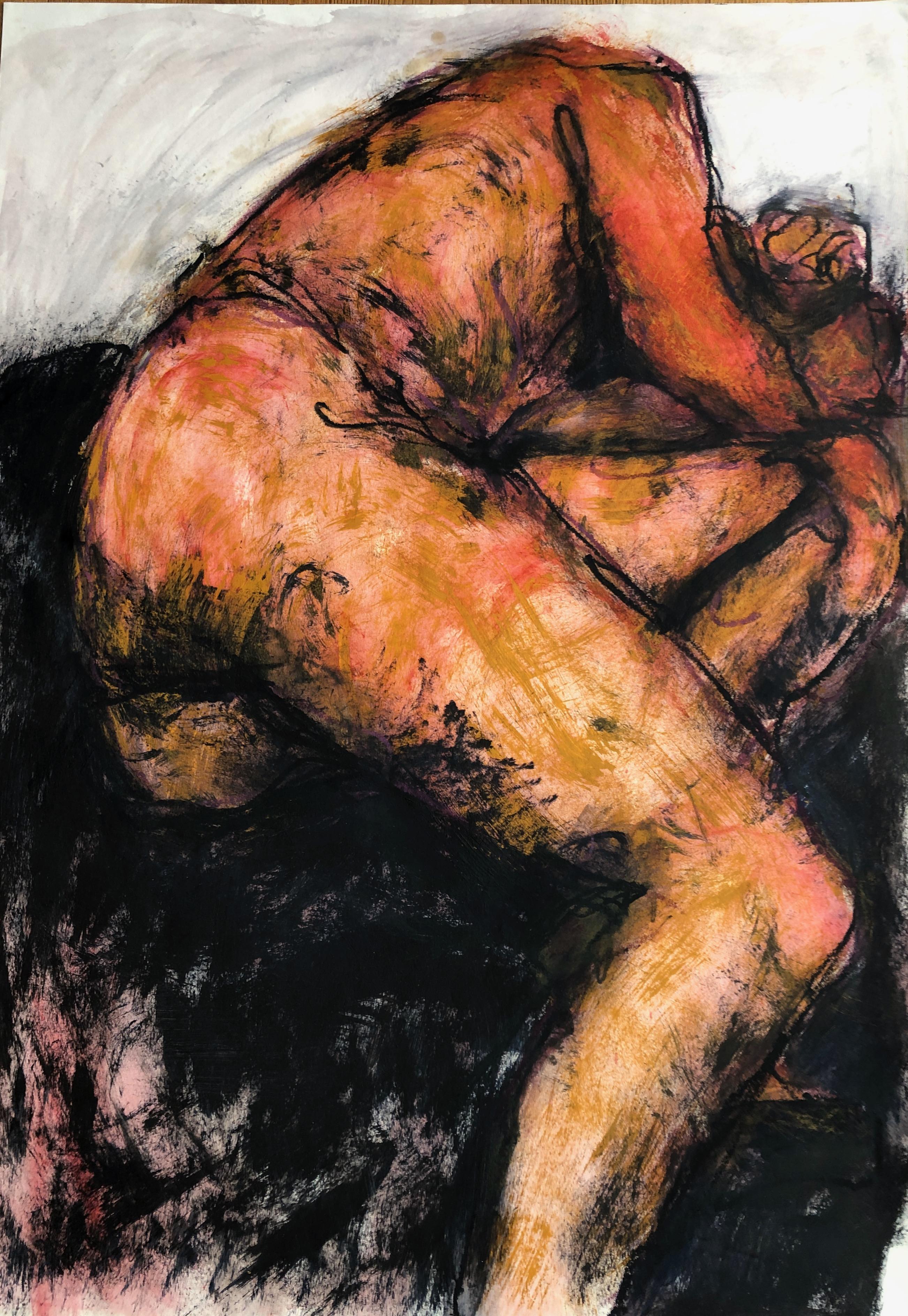 Angela Lyle Nude Painting – Schlafender Mann. Zeitgenössische Mixed-Media-Malerei auf Papier
