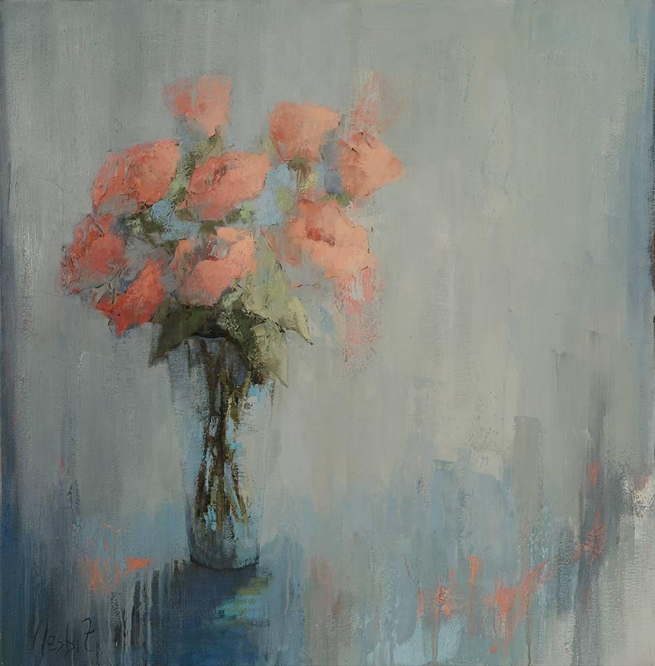 Angela Nesbit Still-Life Painting - Blue Haze and Bright Lights, Large Impressionist Floral Oil on Canvas Painting