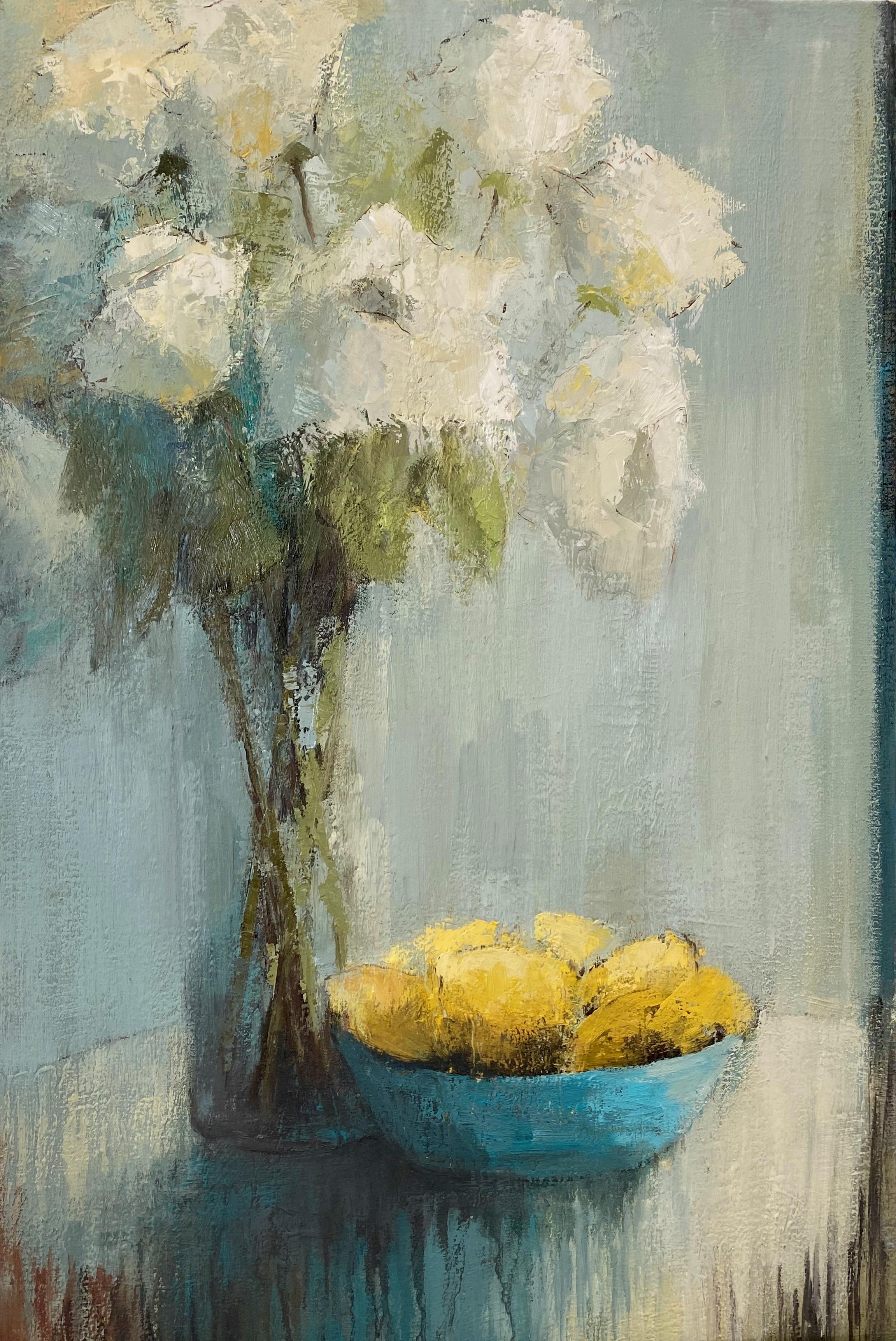Angela Nesbit Still-Life Painting - Joyful Light and Lemons, Impressionist Floral Oil on Canvas Painting