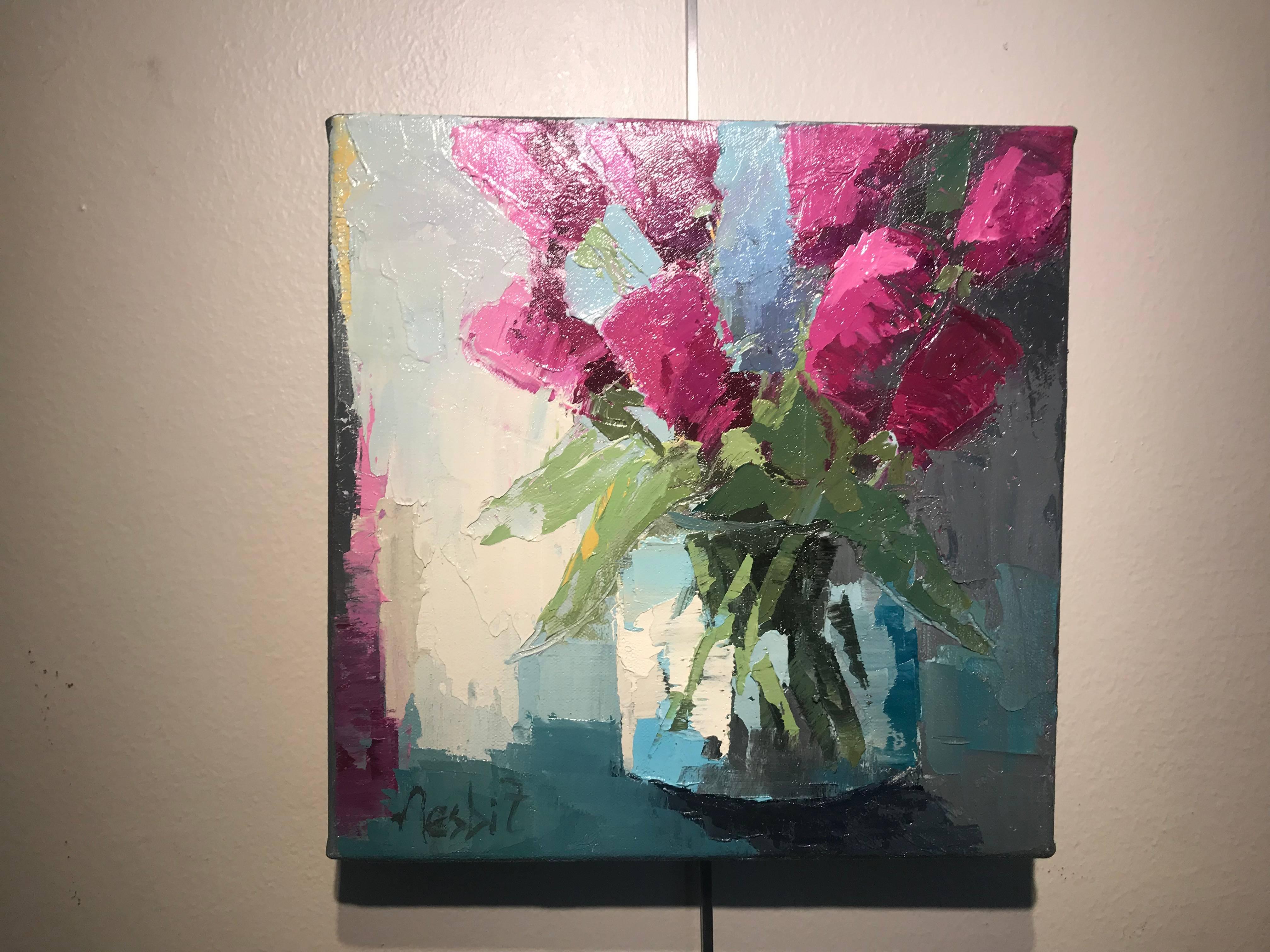 'Magenta Tulips, ' petite impressionist floral oil painting - Impressionist Painting by Angela Nesbit