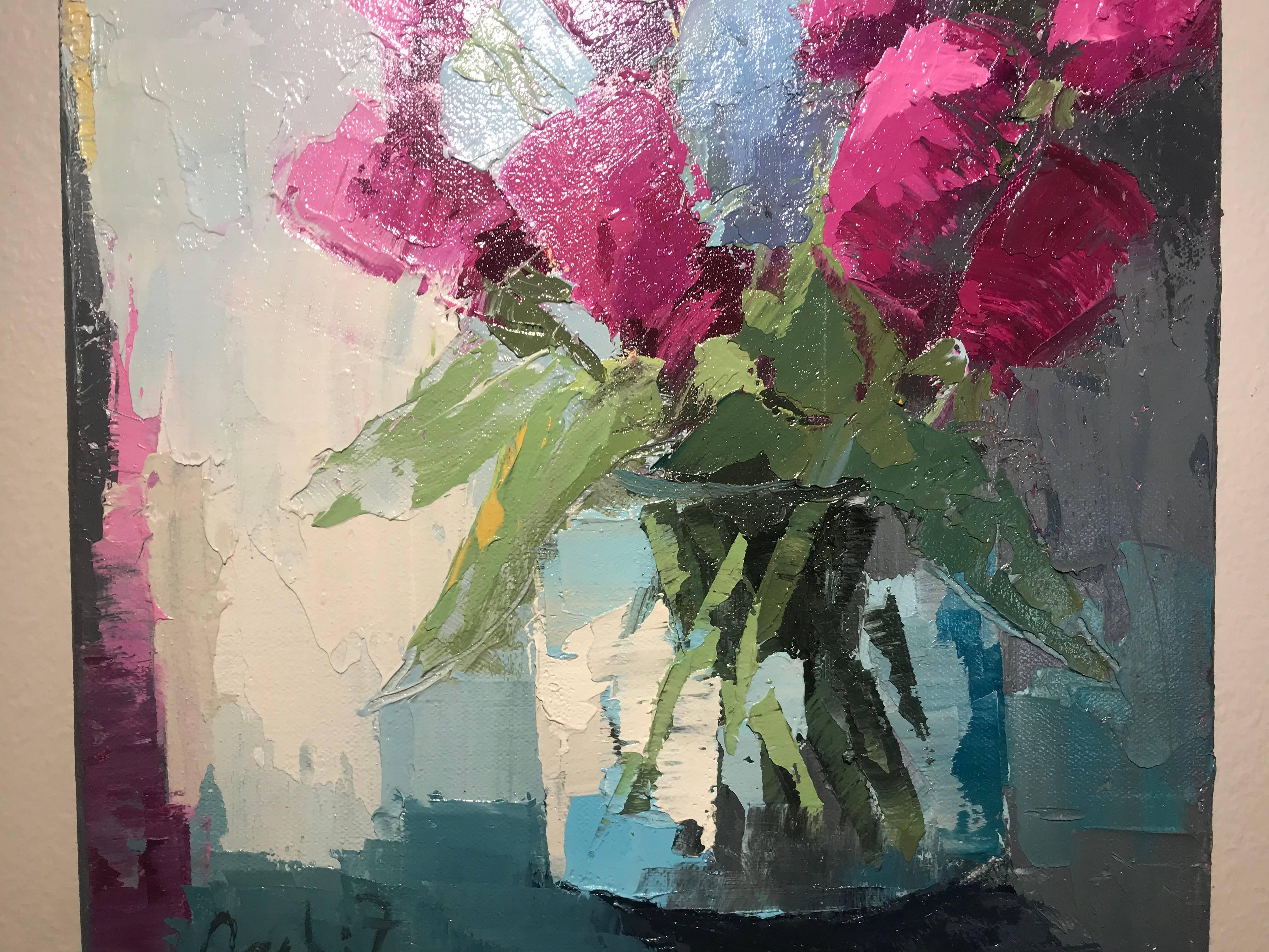 'Magenta Tulips, ' petite impressionist floral oil painting - Gray Still-Life Painting by Angela Nesbit