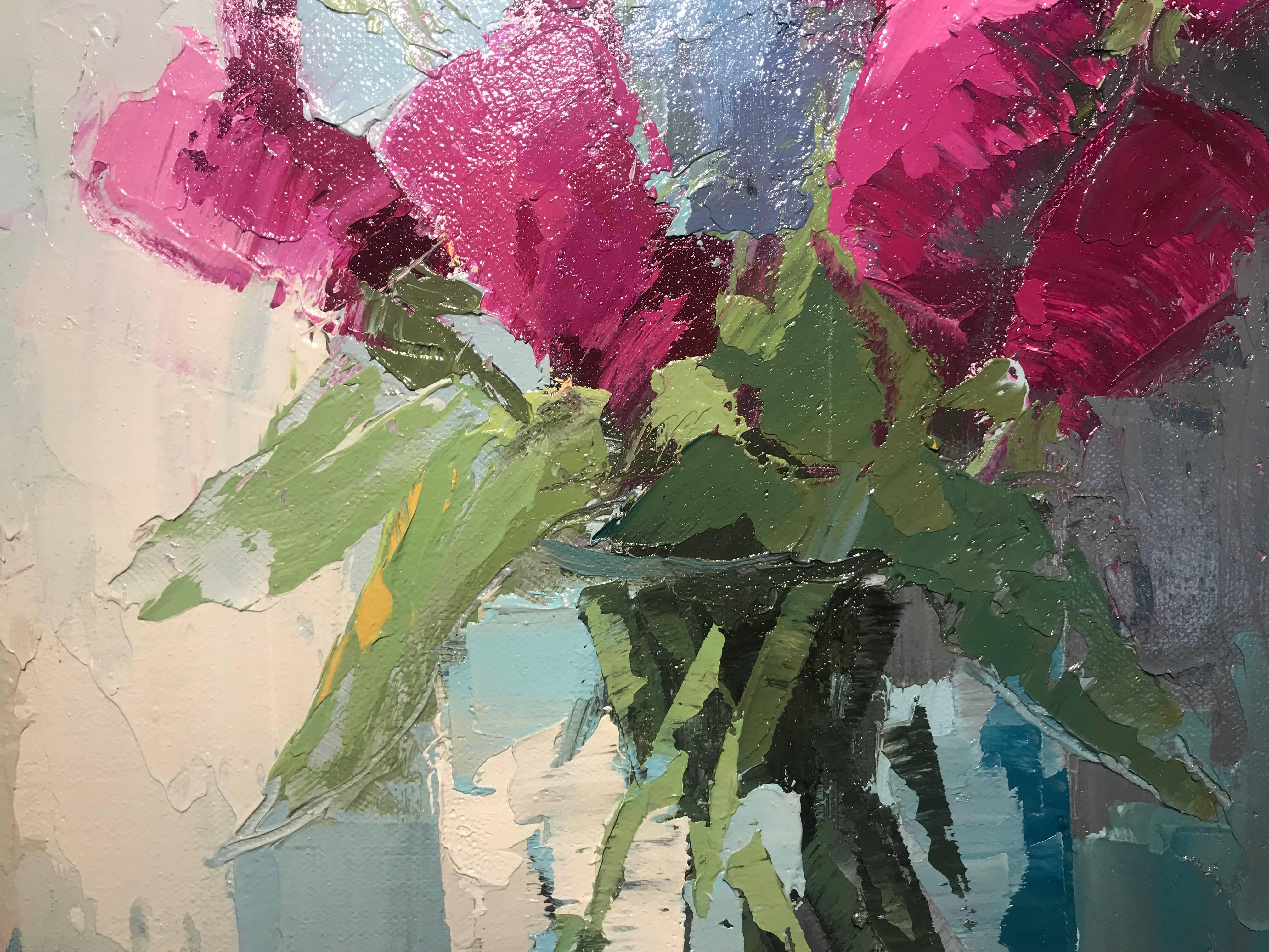 'Magenta Tulips, ' petite impressionist floral oil painting 1