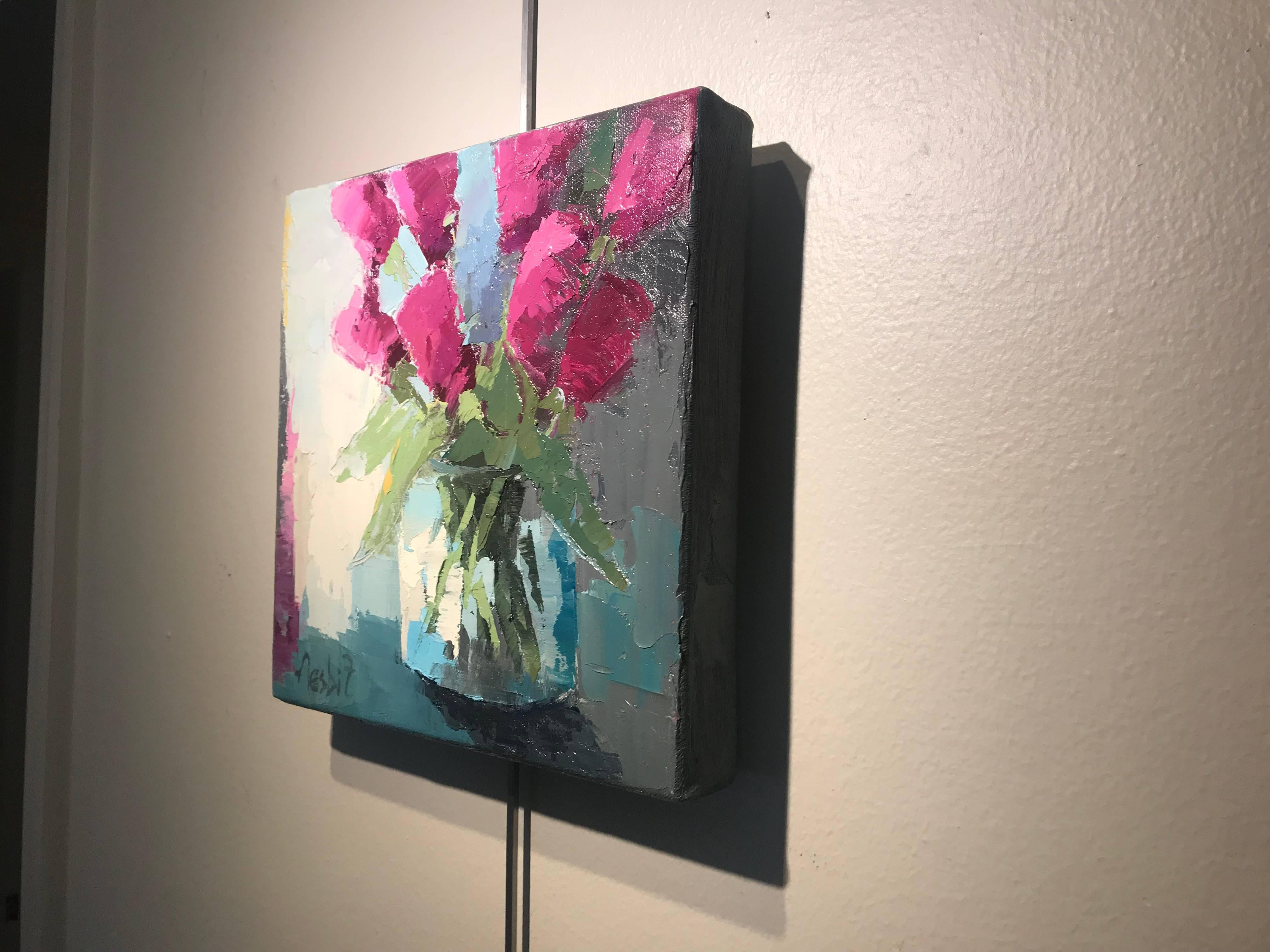 'Magenta Tulips, ' petite impressionist floral oil painting 2