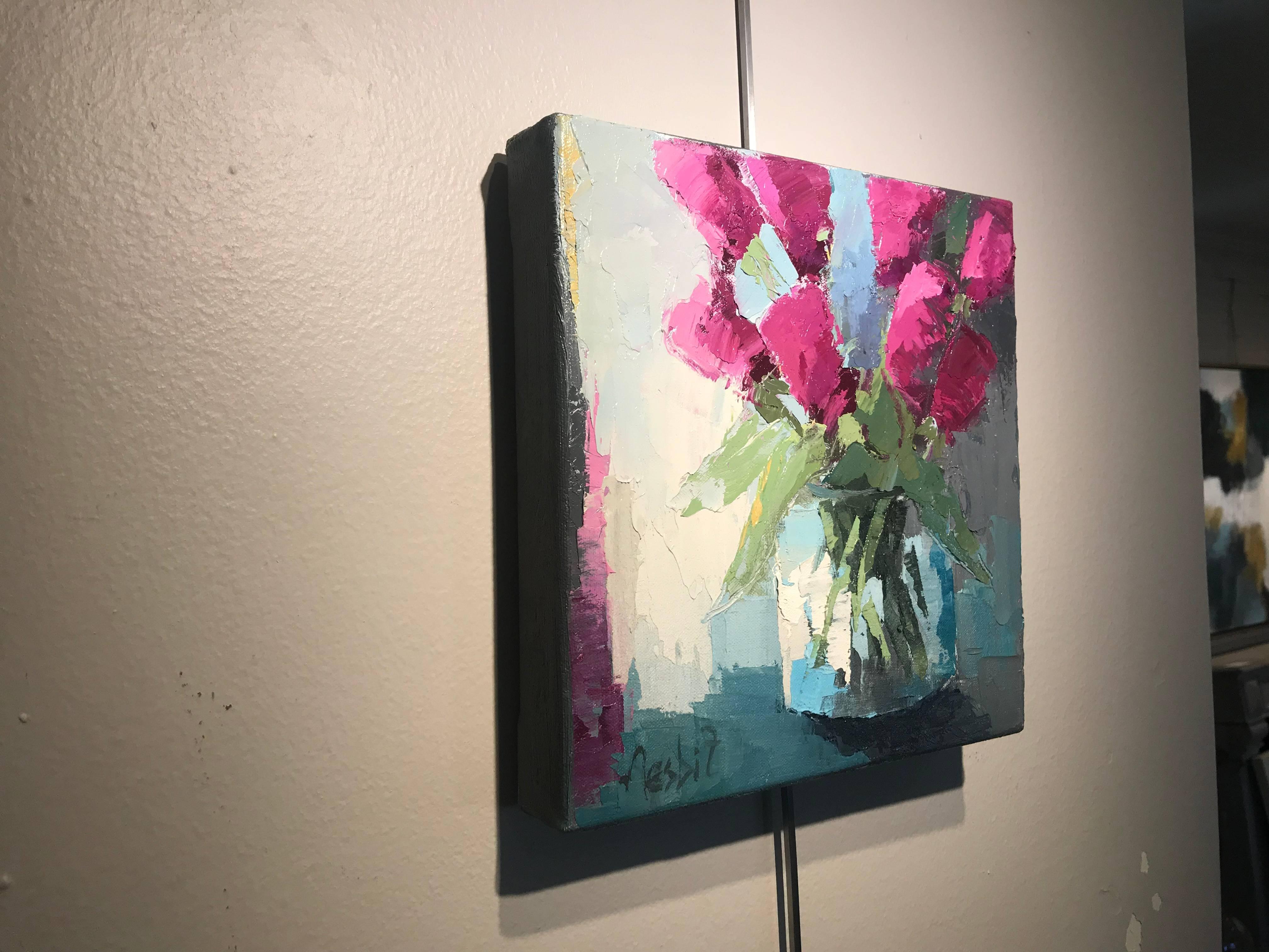 'Magenta Tulips, ' petite impressionist floral oil painting 3