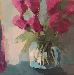 'Magenta Tulips, ' petite impressionist floral oil painting