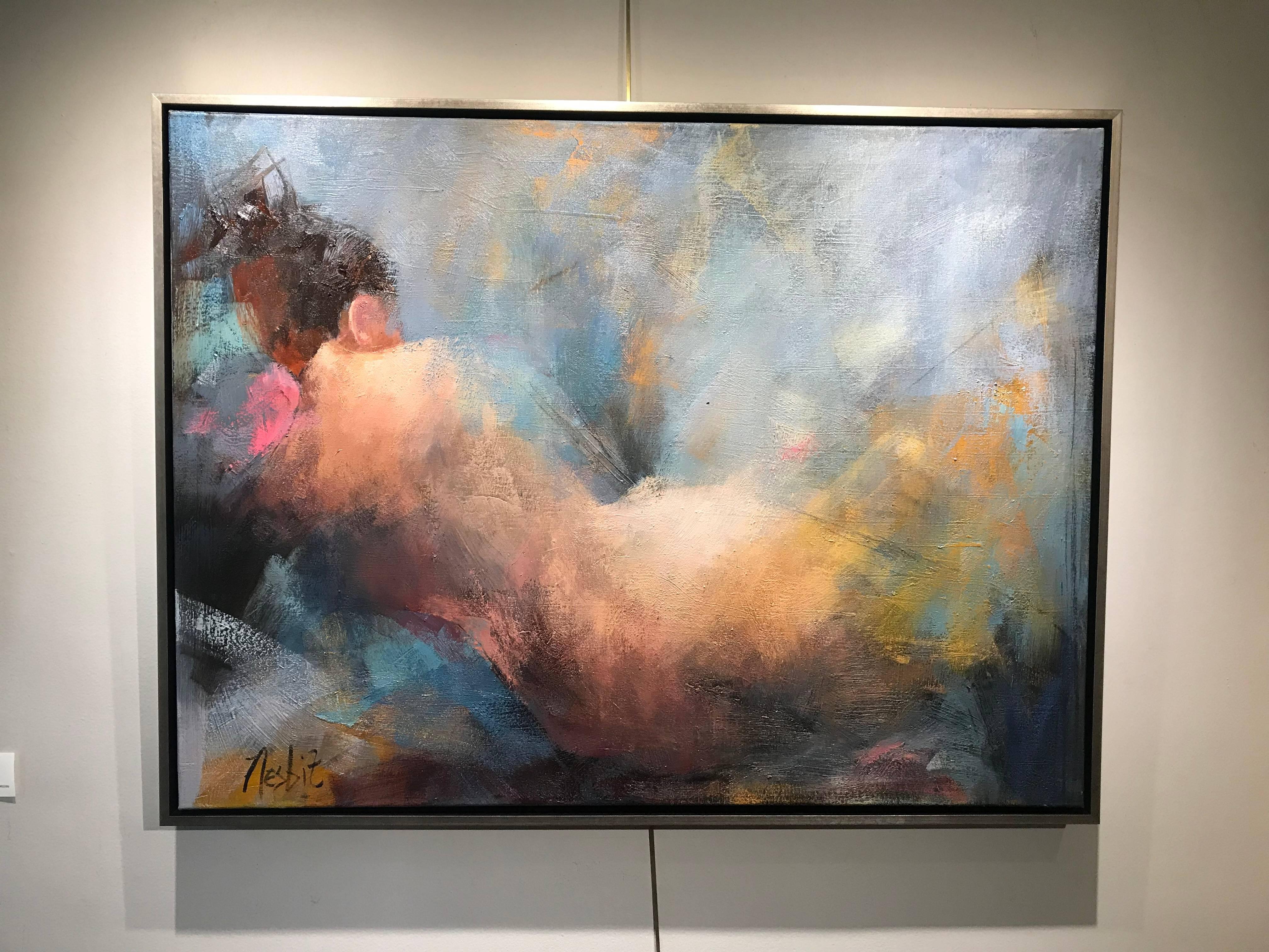'Mysterious Ways' is an Impressionist horizontal format oil on canvas nude painting created by American artist Angela Nesbit in 2018. This piece is an exquisite depiction of a nude shown from the back, with the subject casually reclining on her