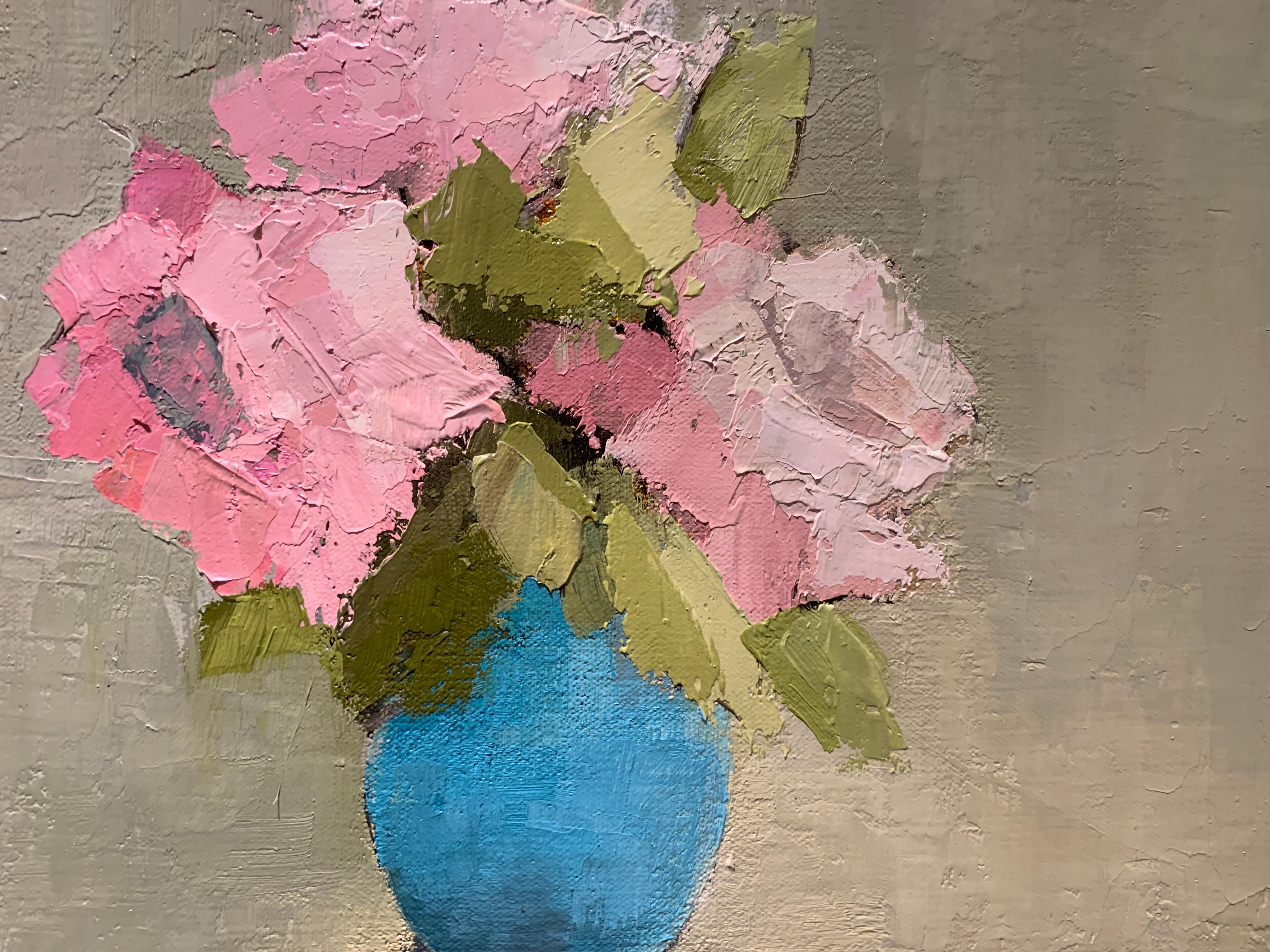 'Pink Study' by Angela Nebsit framed petite impressionist floral oil painting - Brown Still-Life Painting by Angela Nesbit