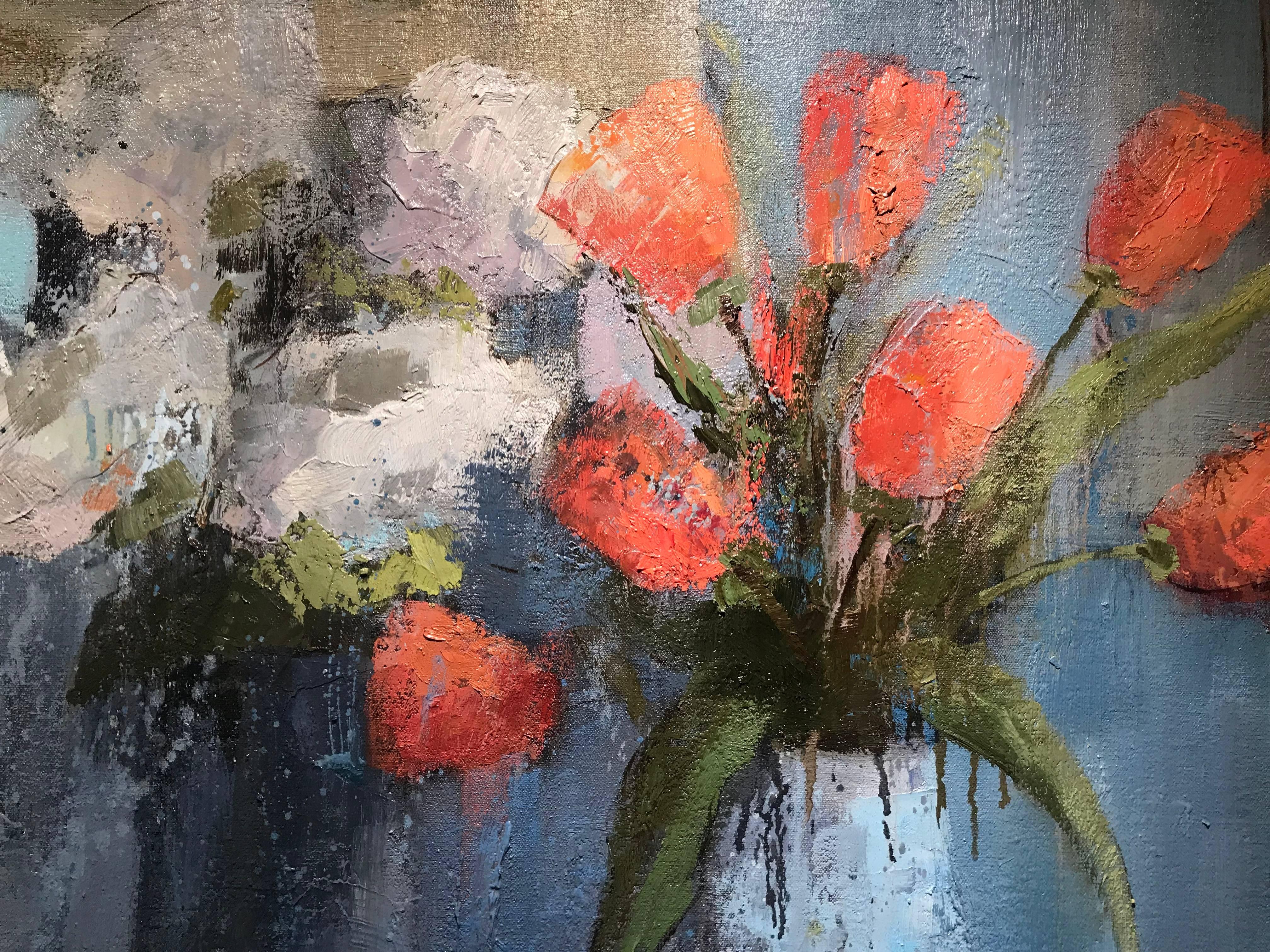 Ray of Light, Large Square Impressionist Oil on Canvas Floral Painting - Gray Still-Life Painting by Angela Nesbit