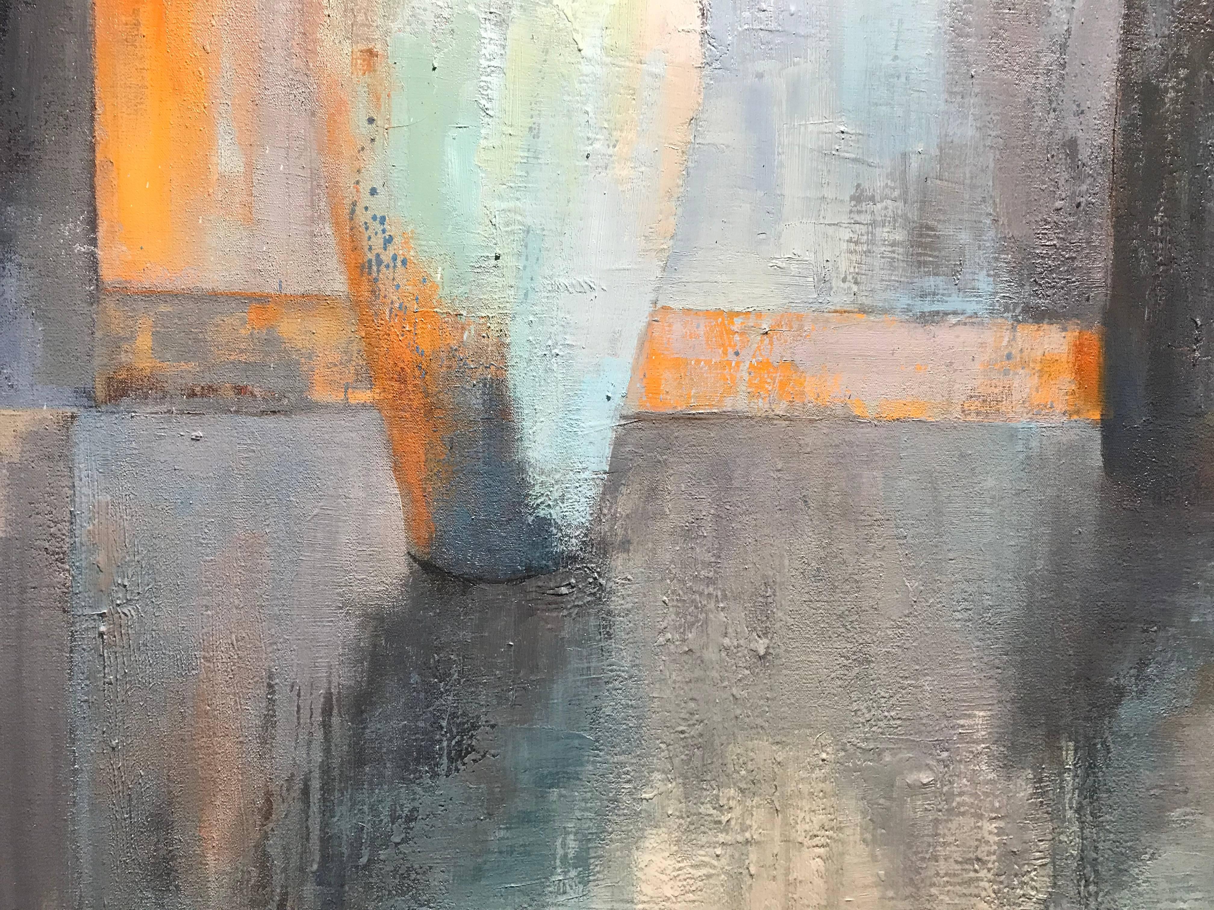 'Ray of Light' is a large Impressionist oil on canvas floral painting created by American artist Angela Nesbit in 2018. This square format features a palette made mostly of blue and white tones accented by delicate orange strokes. The artist