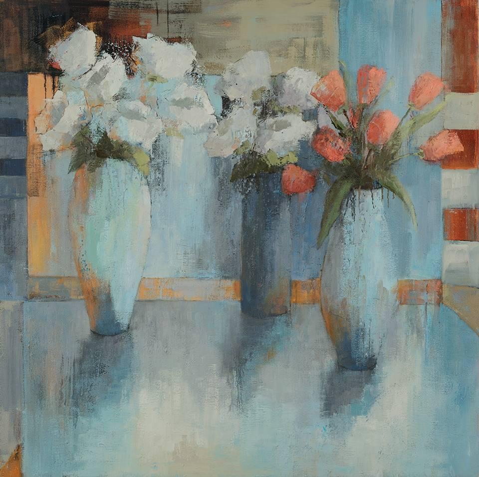 Angela Nesbit Still-Life Painting - Ray of Light, Large Square Impressionist Oil on Canvas Floral Painting