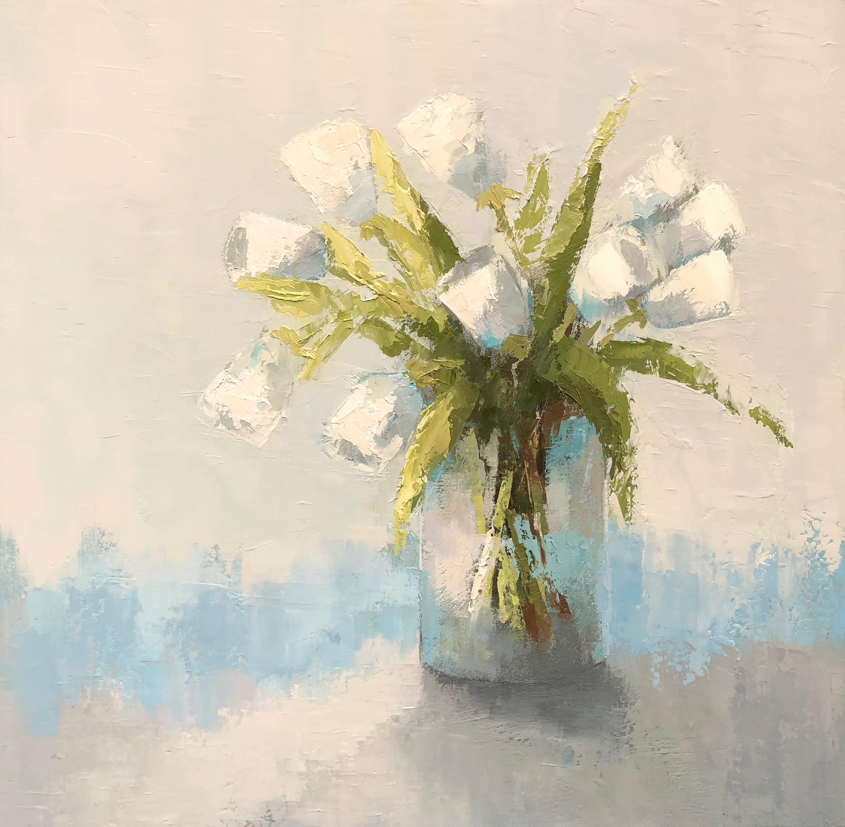 'Turquoise and Tulips' is a medium size framed Impressionist oil on canvas still-life floral painting of square format, created by American artist Angela Nesbit in 2018. Featuring a soft palette made of turquoise, white, cream and green tones, the