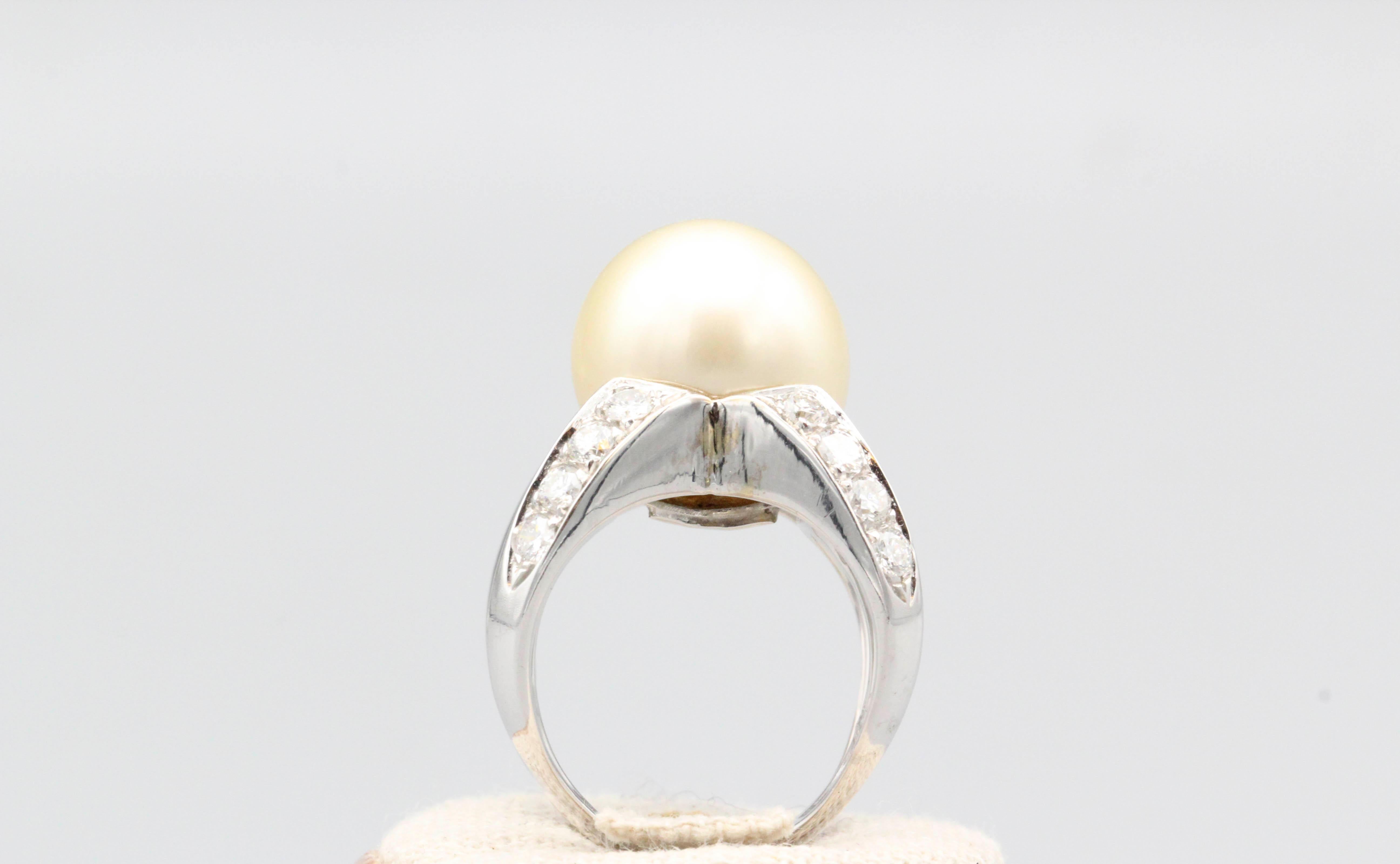 Brilliant Cut Angela Pintaldi Cultured Pearl Diamond and 18k White Gold Ring For Sale