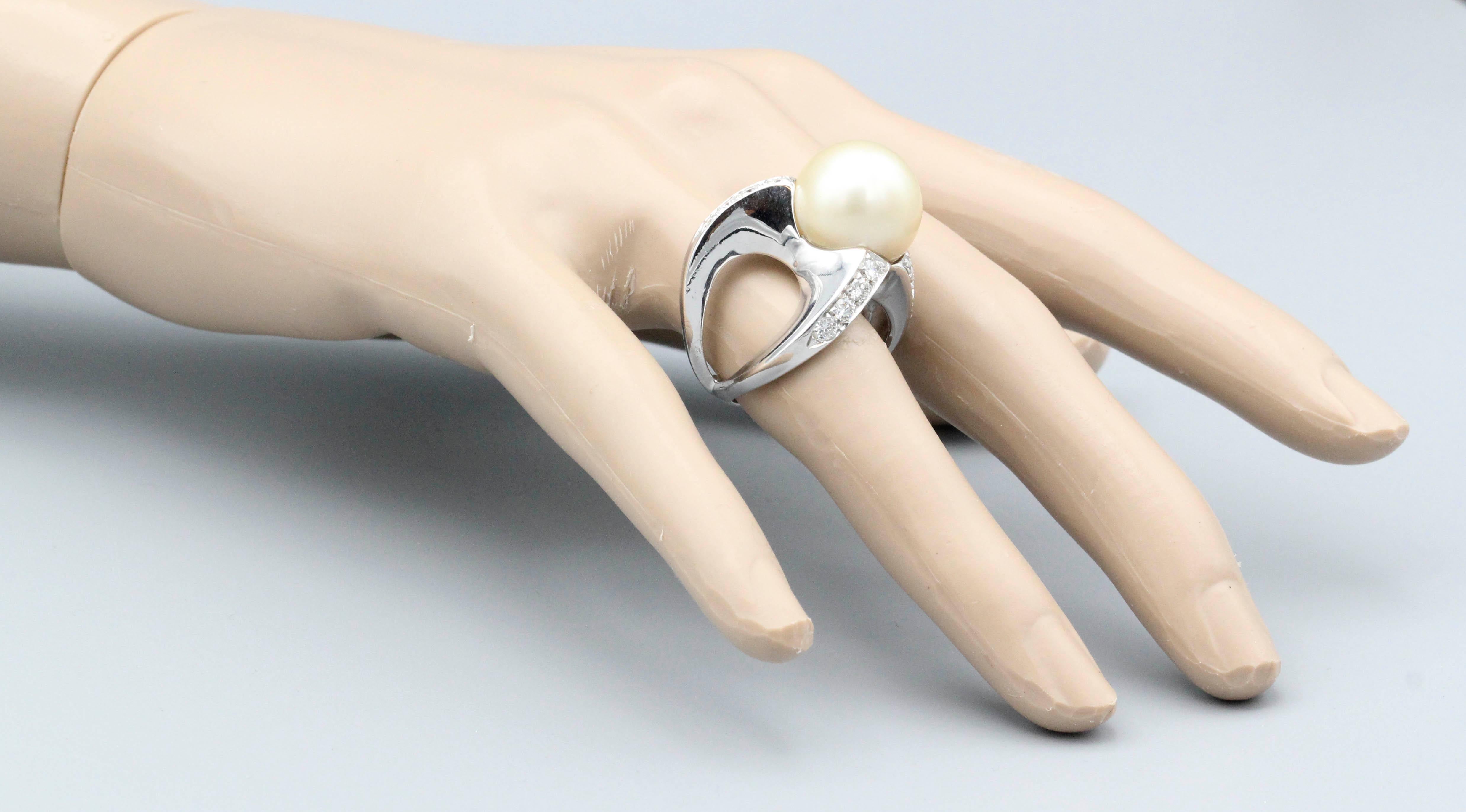 Angela Pintaldi Cultured Pearl Diamond and 18k White Gold Ring For Sale 2