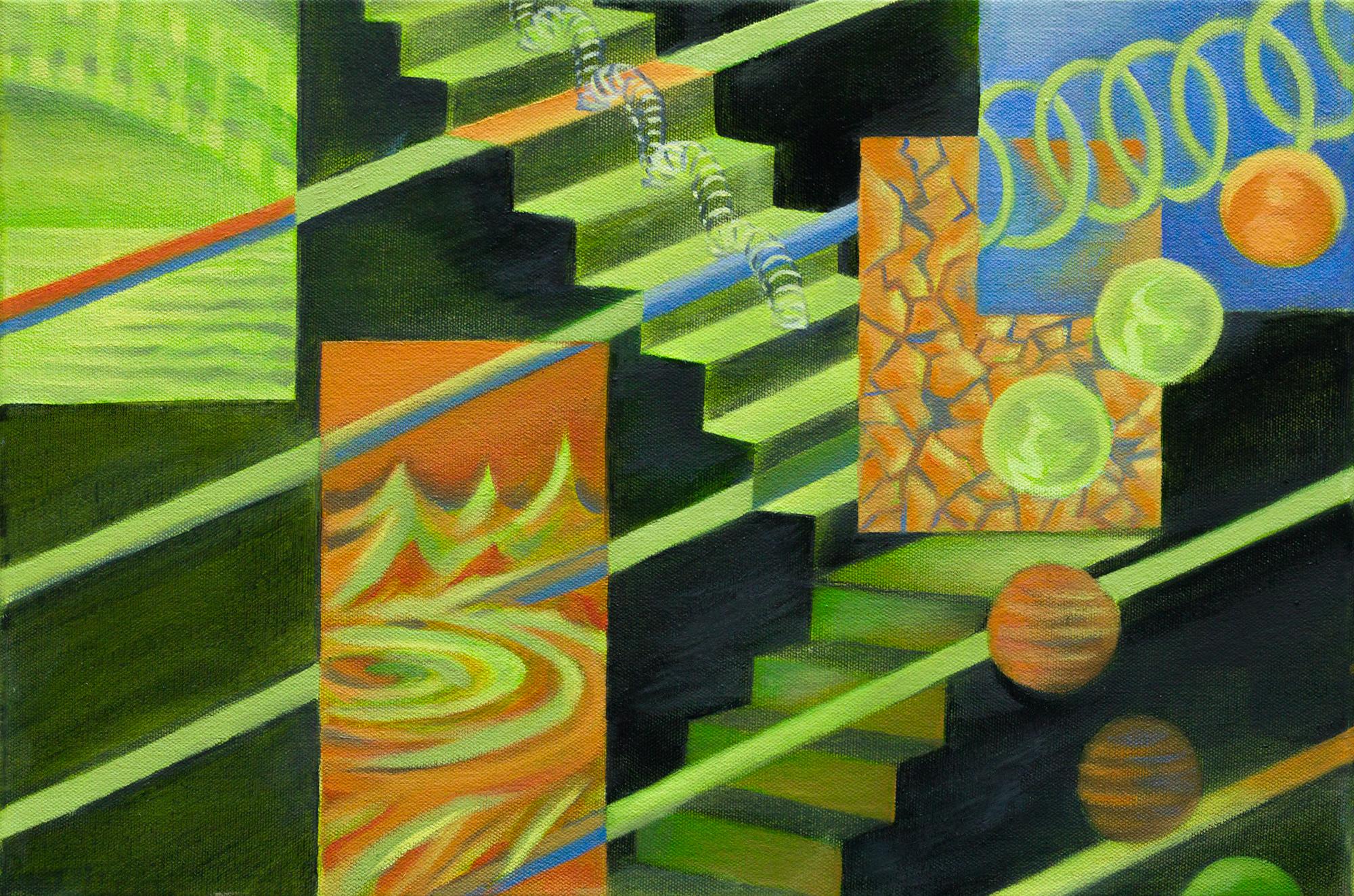 Angela Rio Abstract Painting - "Continuation", Stairs, Slinky, Spirals, Abstract Patterns, Sand form, geometric