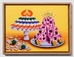 Tavola surreale "Delizia o disgusto" con Jelle Jelles, gamberetti e bicchieri di vetro