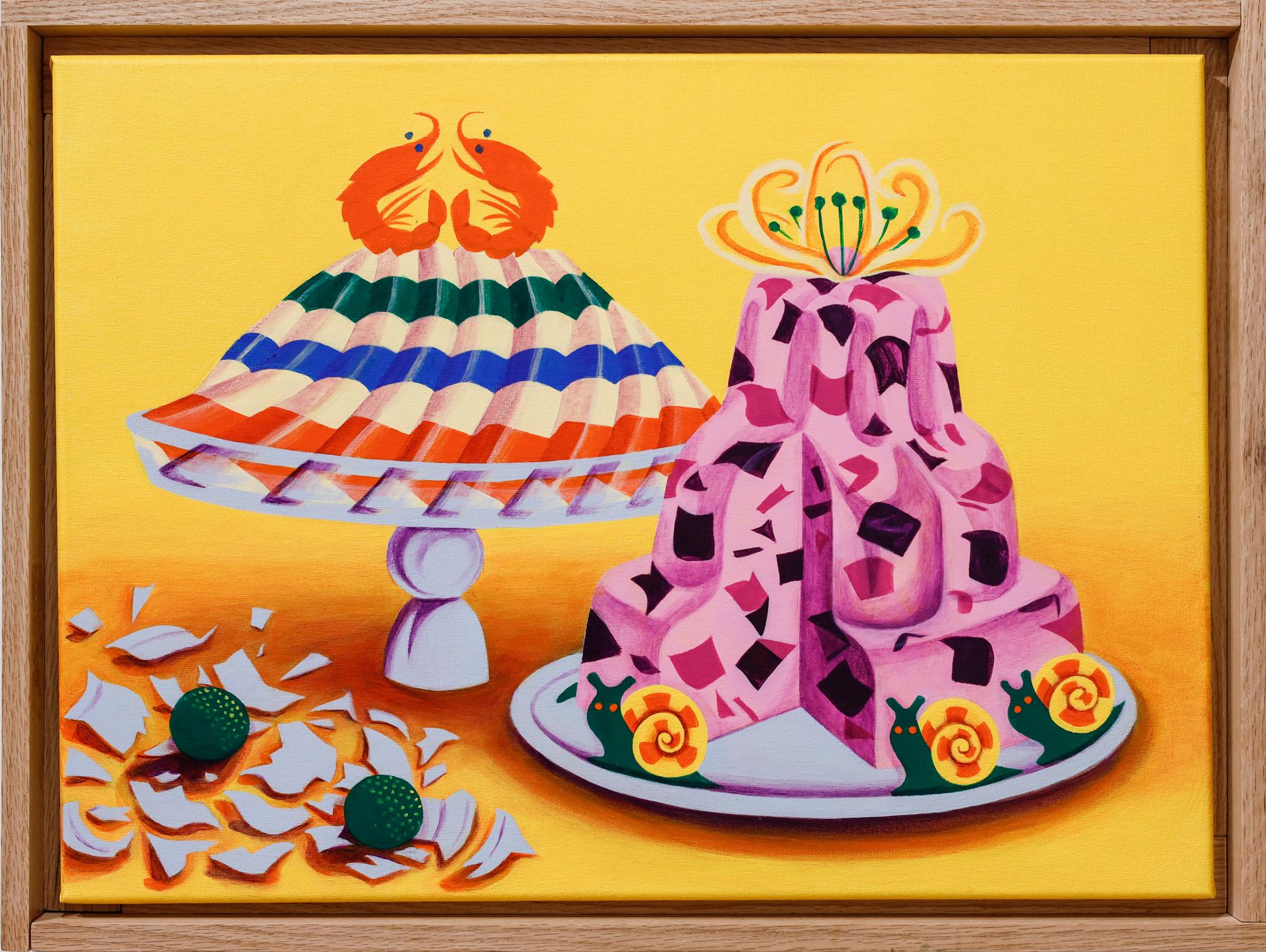"Delight or Disgust" Jell-o motif, images of food, glassware - Painting by Angela Rio