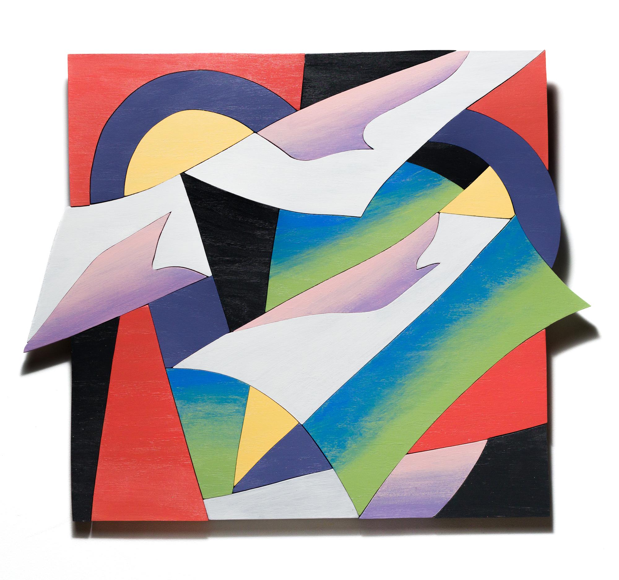 "Fragmentos 3", Abstracto, Ensamblado de roble cortado a mano, Colores brillantes, Collage de madera
