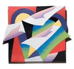 "Fragments 3", Abstract, Assembled Hand-Cut Oak, Bright colors, Wood collage