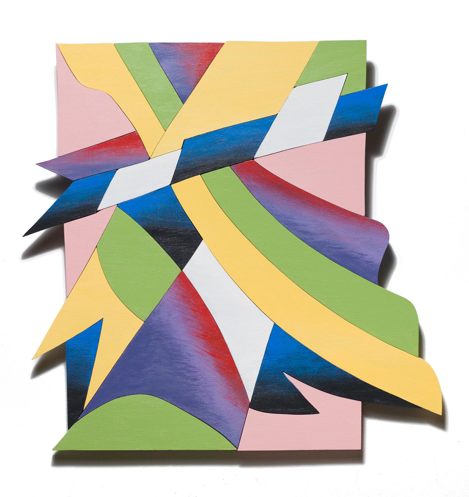 Abstract Painting Angela Rio - « Fragments 4 », motifs abstraits, sculpture de collage en chêne taillé à la main et assemblée