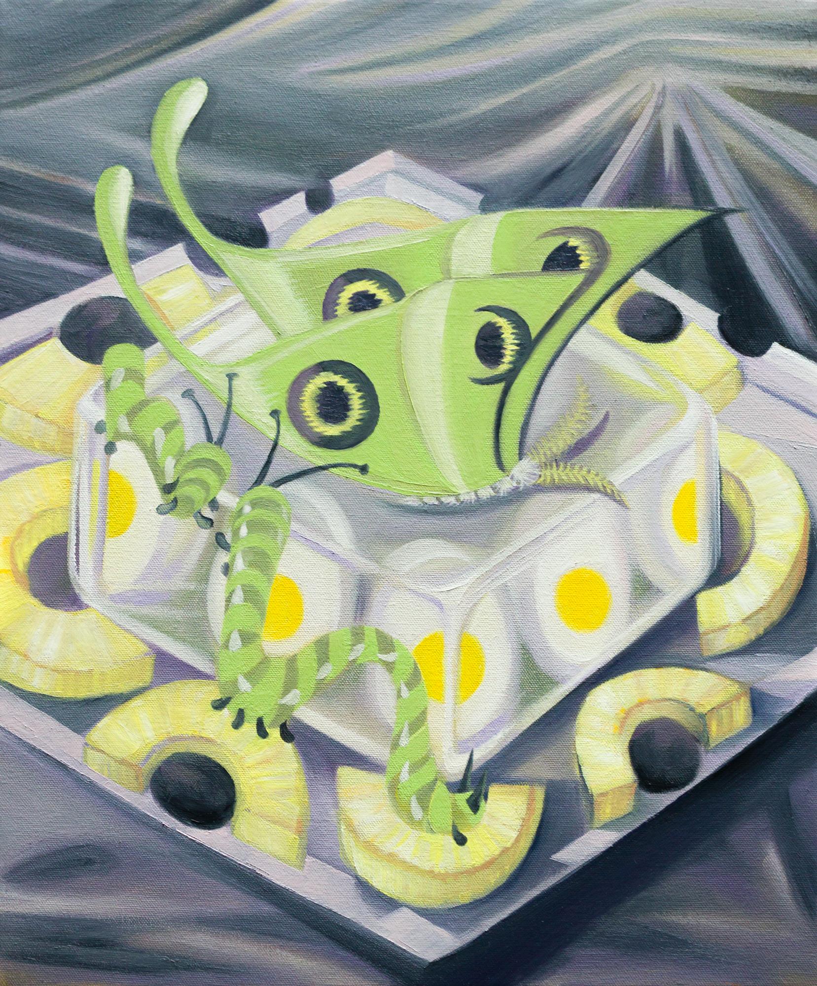 Angela Rio Still-Life Painting - "Hard Eggs and God Mothers", Food motif,  Caterpillars, moths, Gelatin, Cake