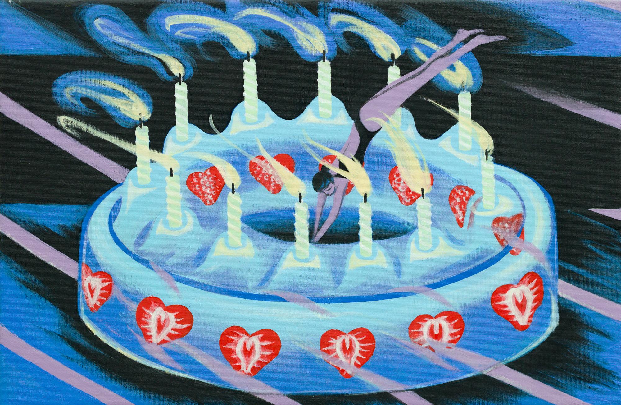 Still-Life Painting Angela Rio - "Préservé", gâteau à la gélatine, figure humaine plongeant, motif de dessert, fraises