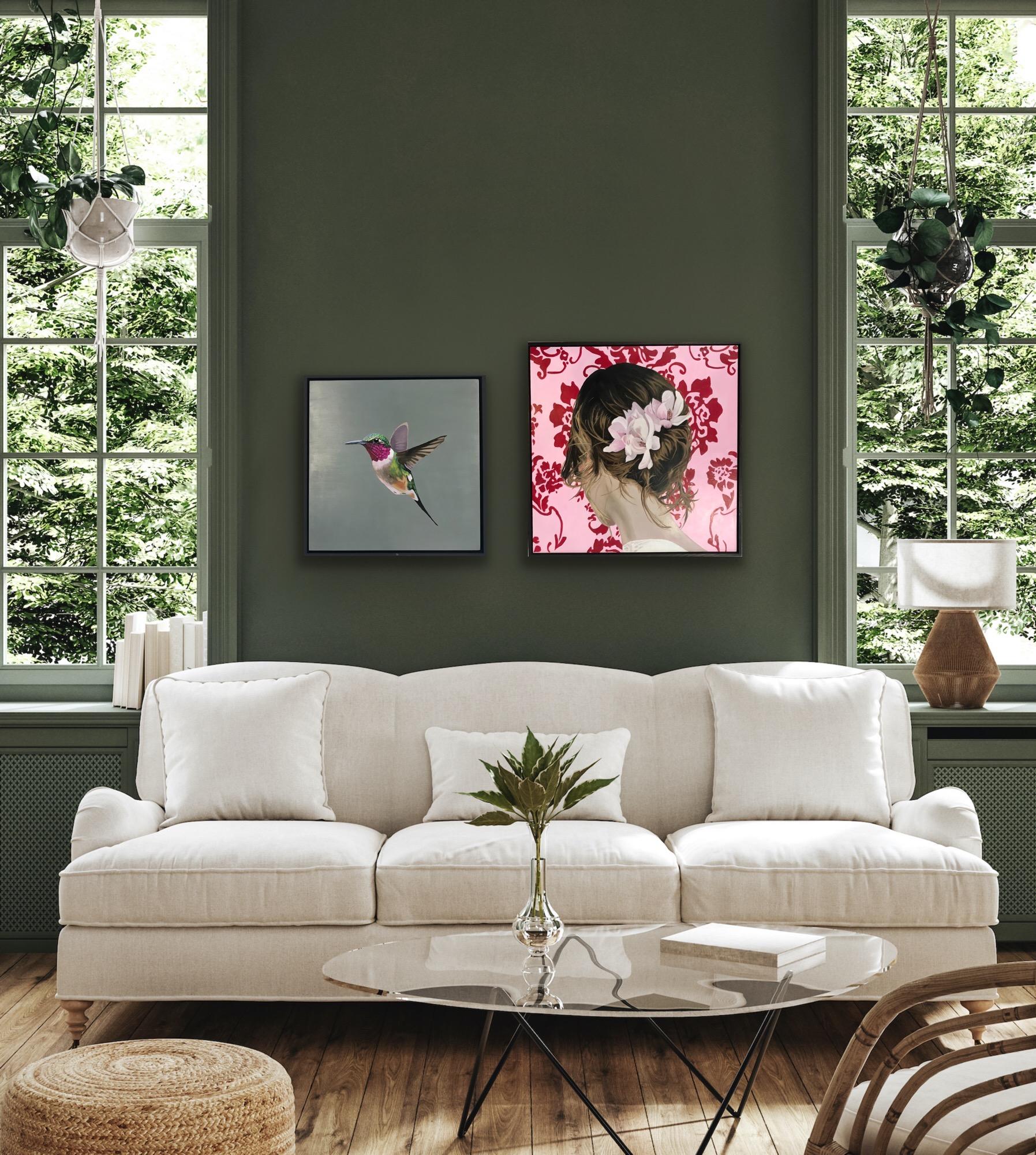 Diptych of Single hummingbird & Tuesday's Girl (Sakura), Originals, Floral, Girl - Painting by Angela Smith 