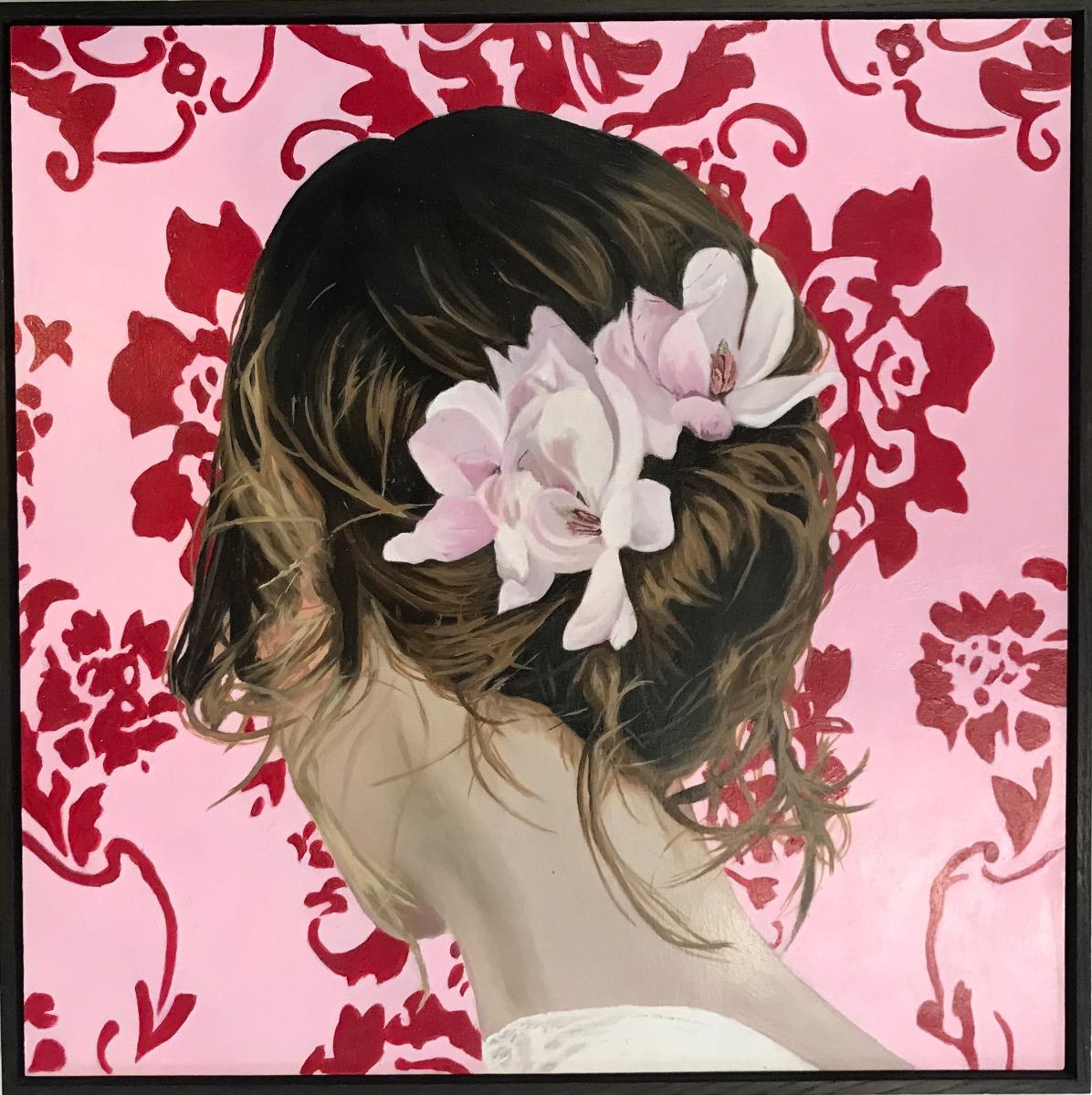Diptych of Single hummingbird & Tuesday's Girl (Sakura), Originals, Floral, Girl - Contemporary Painting by Angela Smith 